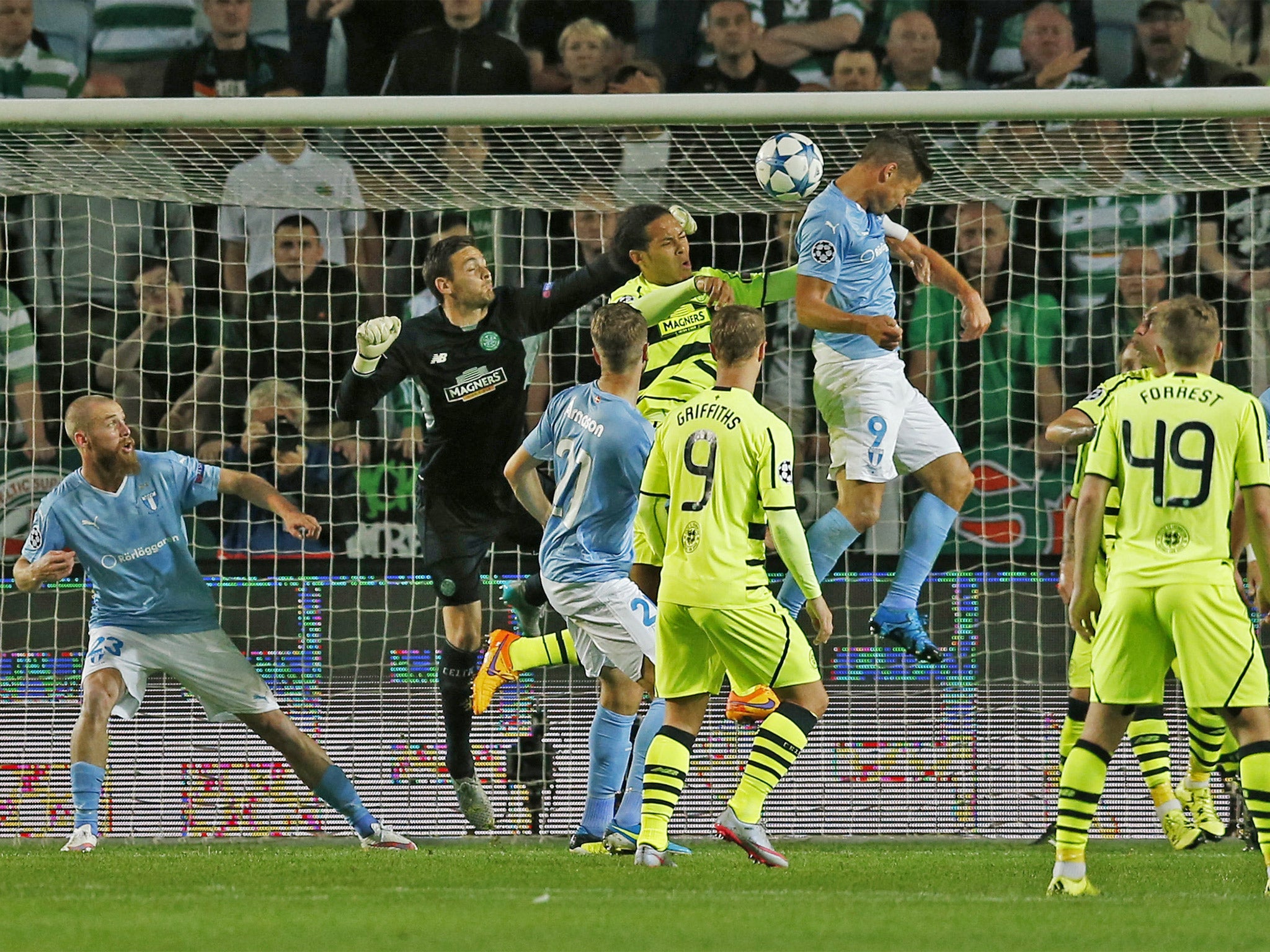 Markus Rosenberg leaps highest to head in Malmo’s first goal