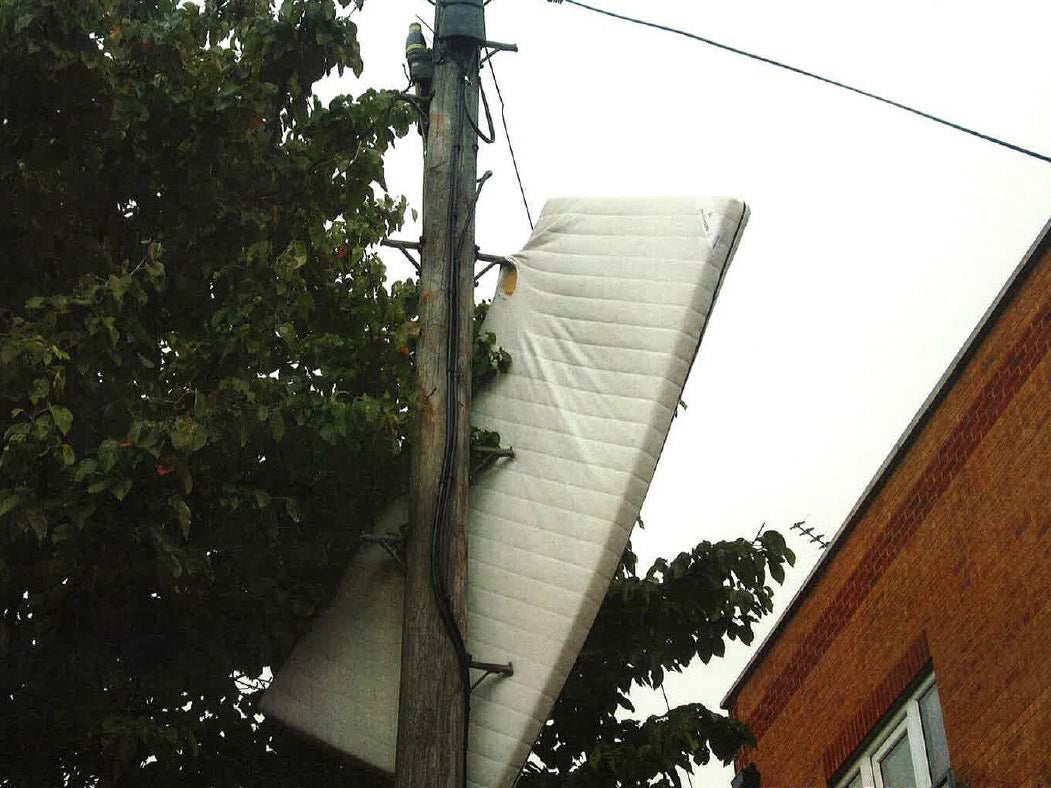 The matress was found attached to a telegraph pole