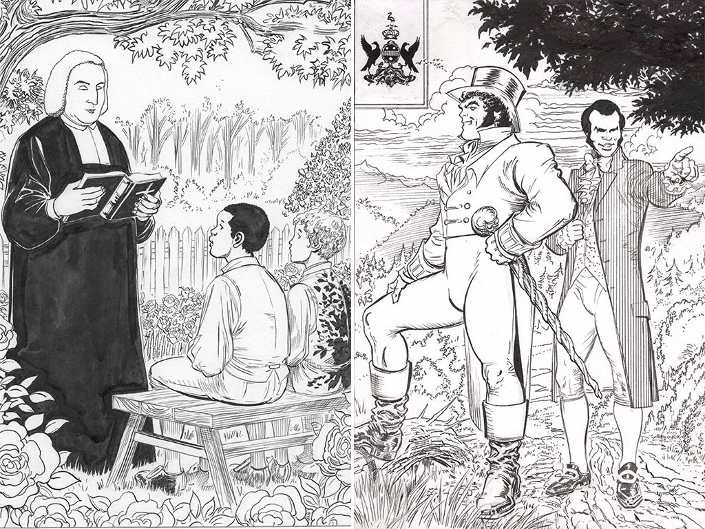 Fight to the top: artworks by the Guyanese artist Trevor Von Eeden depicting Bill Richmond’s upbringing in a parsonage (left); and his links to nobility