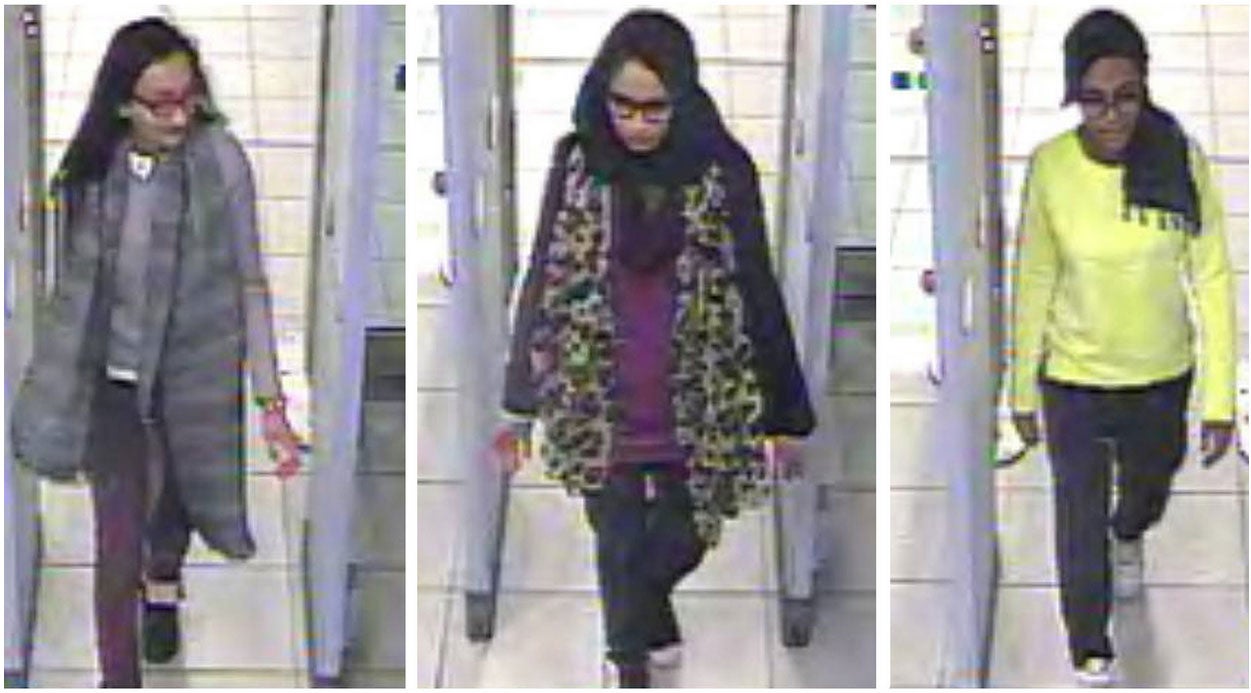 Shamima Begum, 15, Kadiza Sultana, 16, Amira Abase, 15, schoolgirls at Bethnal Green Academy in east London, fled to Syria in February 2015