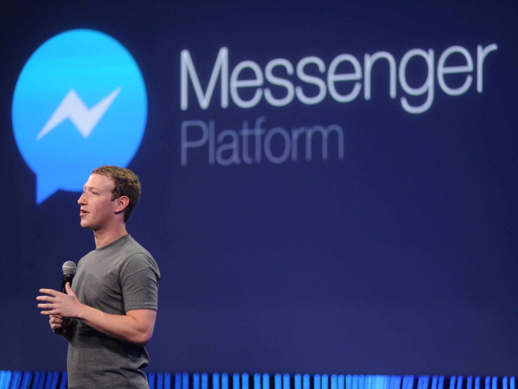 Facebook CEO Mark Zuckerberg introduces a new messenger platform at the F8 summit in San Francisco, California, on March 25, 2015