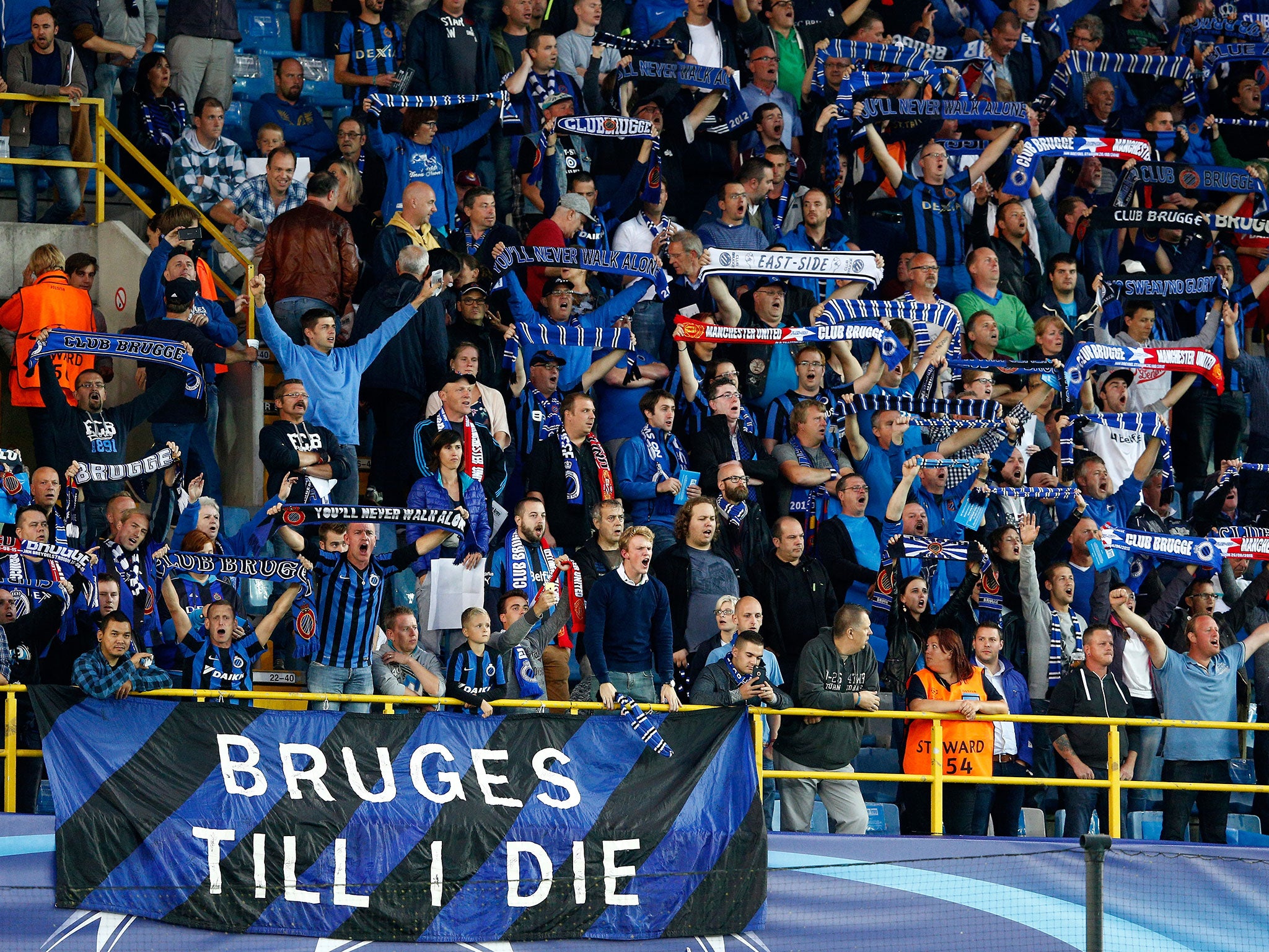 Club Brugge fans inside the Jan Breydelstadion