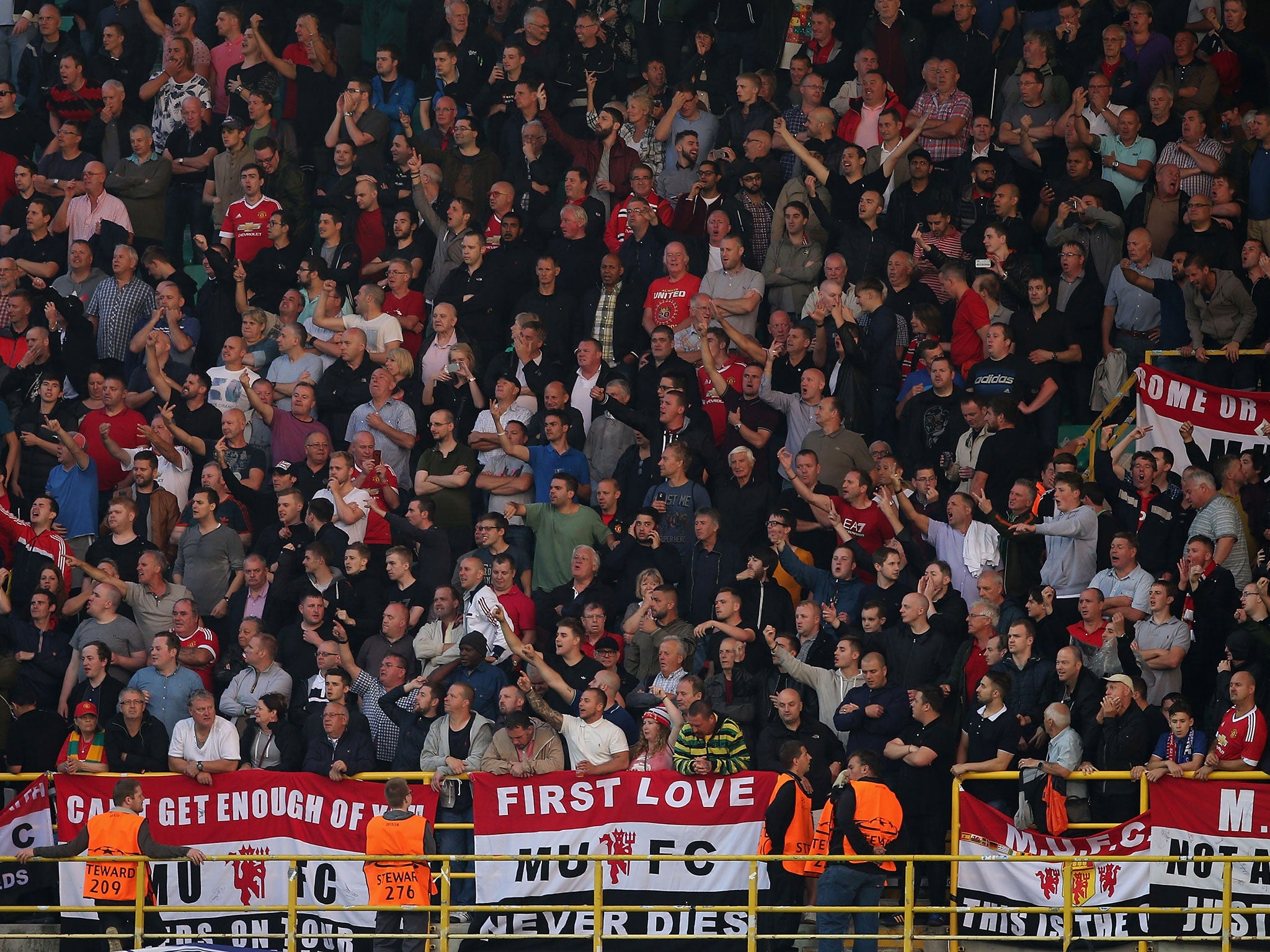 Manchester United fans inside Club Brugge's Jan Breydelstadion