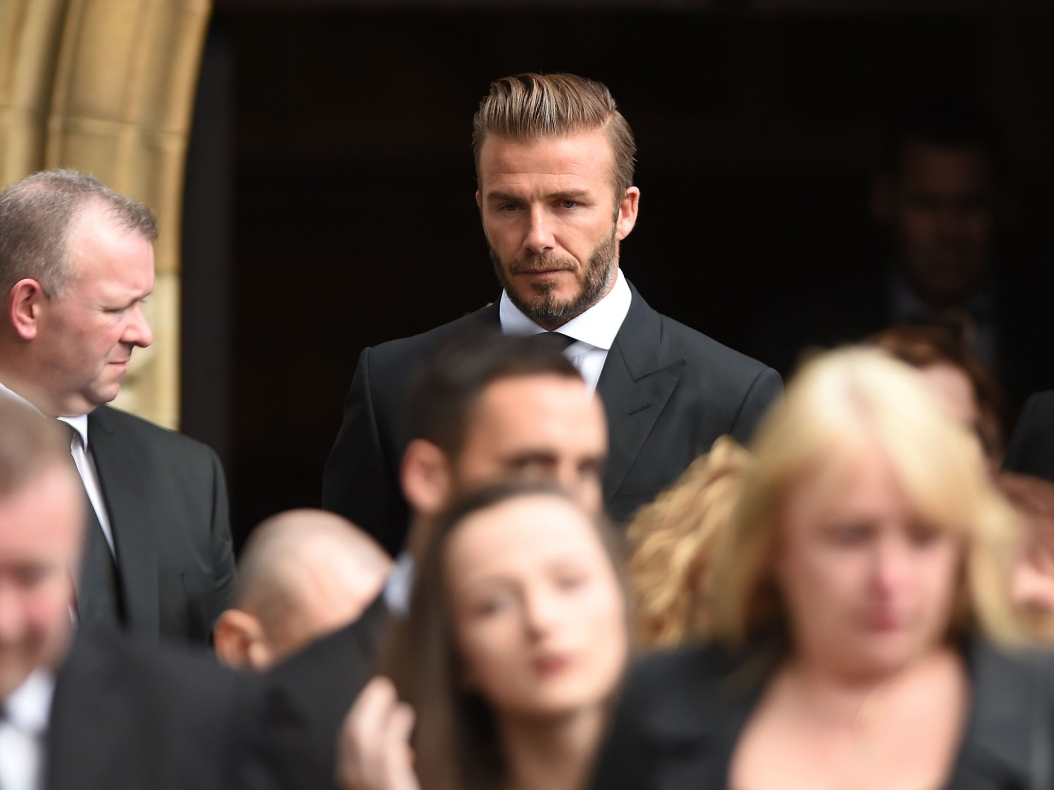 David Beckham leaves Bury Parish Church in Greater Manchester