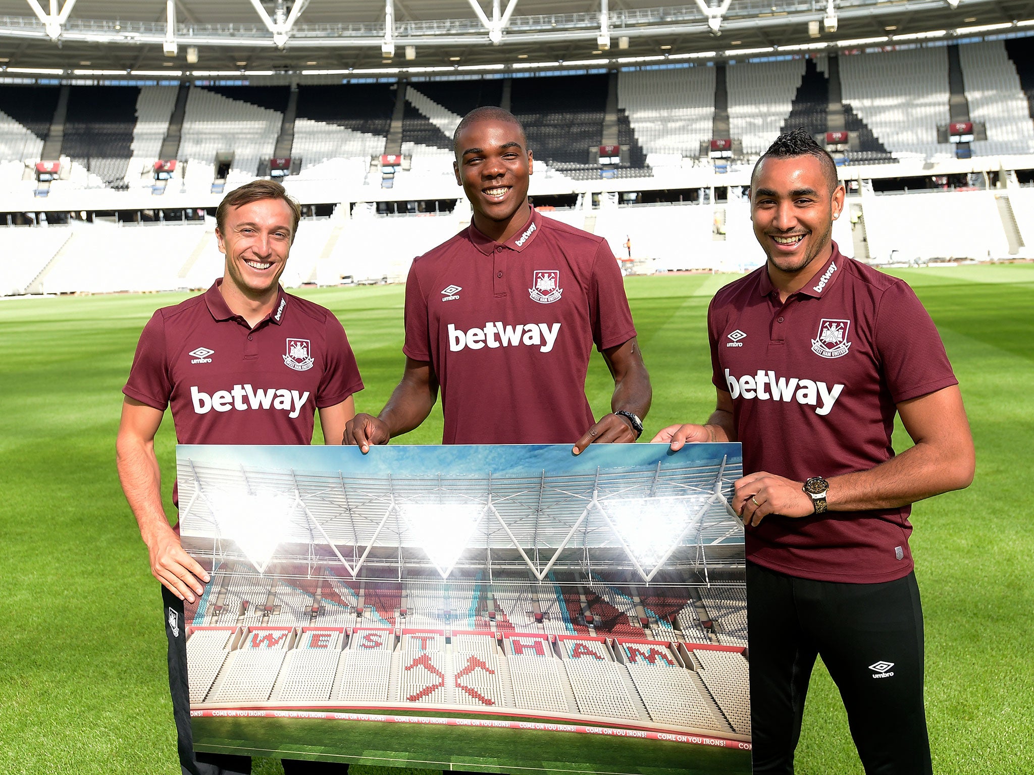 Mark Noble, Angelo Ogbonna and Payet at the Olympic Stadium