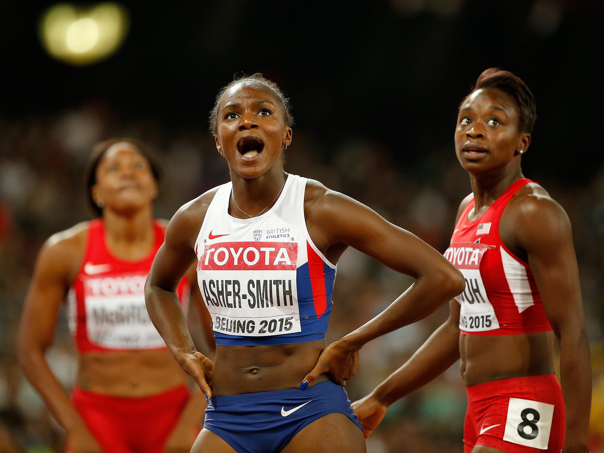 Dina Asher-Smith reacts to setting a new British record in the 100m last year