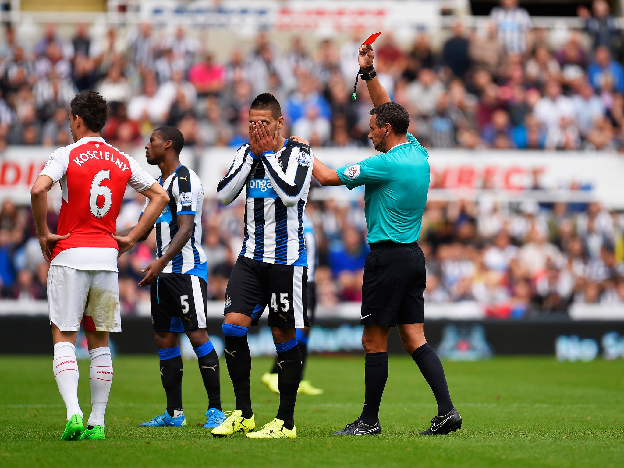 Newcastle's Aleksandar Mitrovic is sent-off by referee Andre Mariner