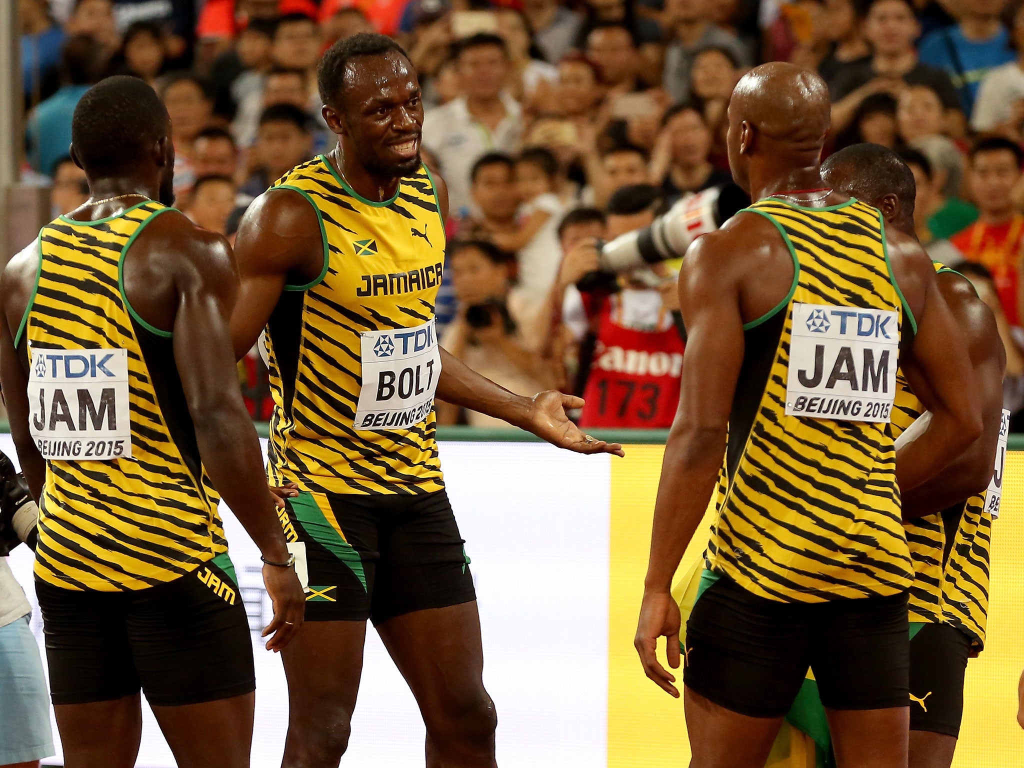 Usain Bolt celebrates with the Jamaican relay team (Getty)