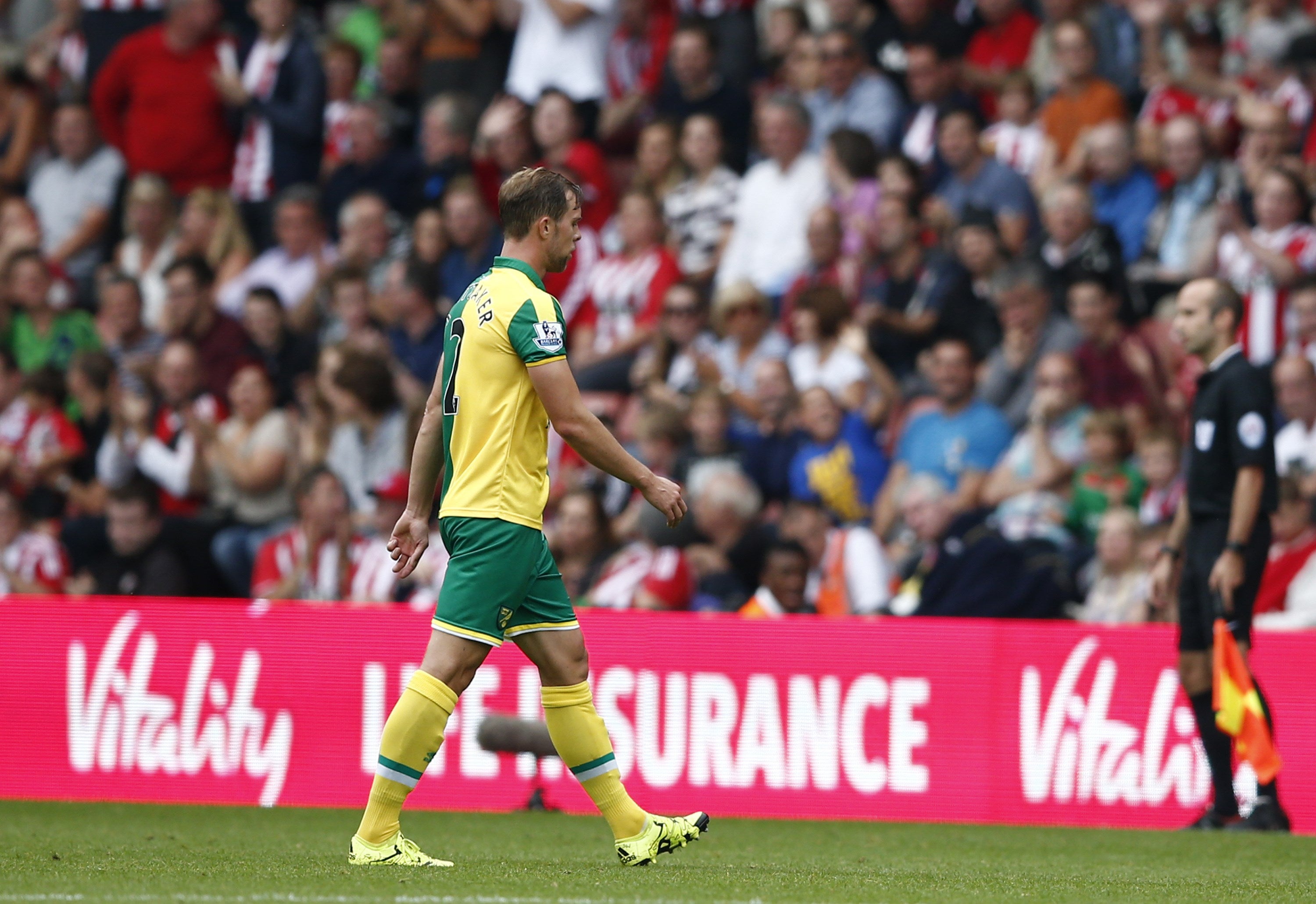 Steven Whittaker is dismissed for Norwich his second yellow card