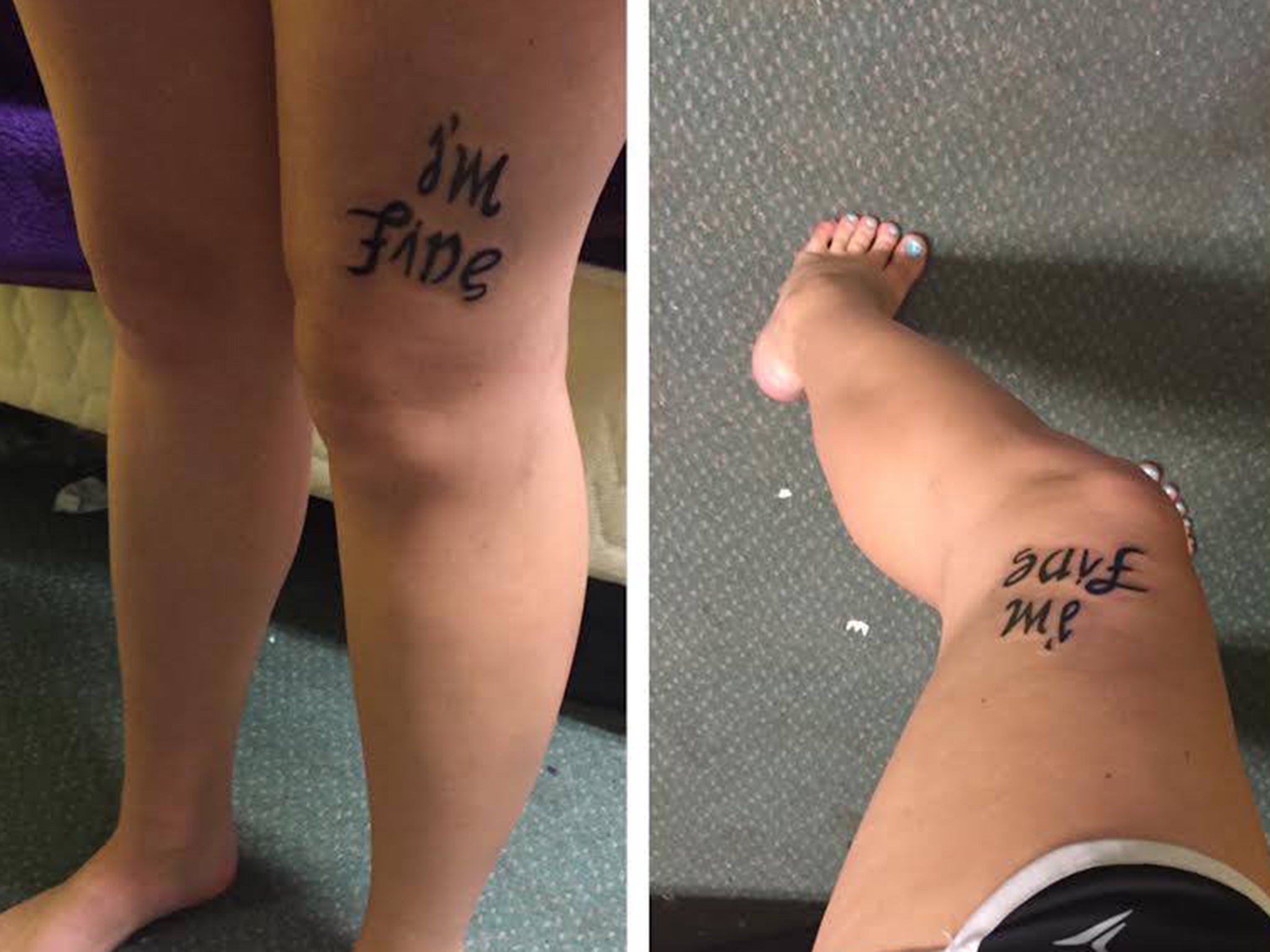 The tattoo appears to say 'I'm fine' when read by someone looking at her, but reveals its true secret to its wearer