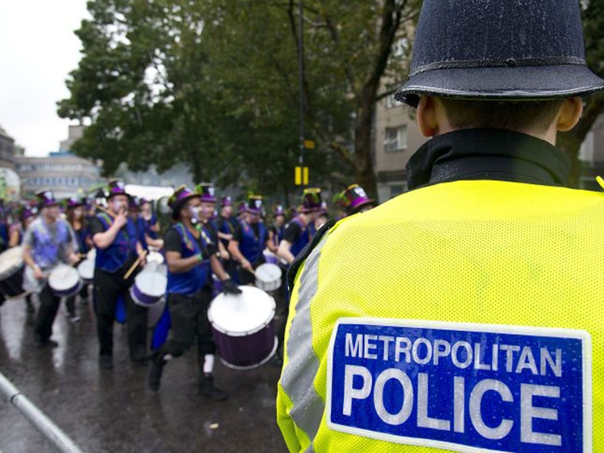 Members of the London Samba School perform during the parade at Notting Hill Carnival on August 31, 2015 in London, England. The Carnival, the largest in Europe, is a street party that takes place on the streets of Notting Hill. It is Caribbean themed and