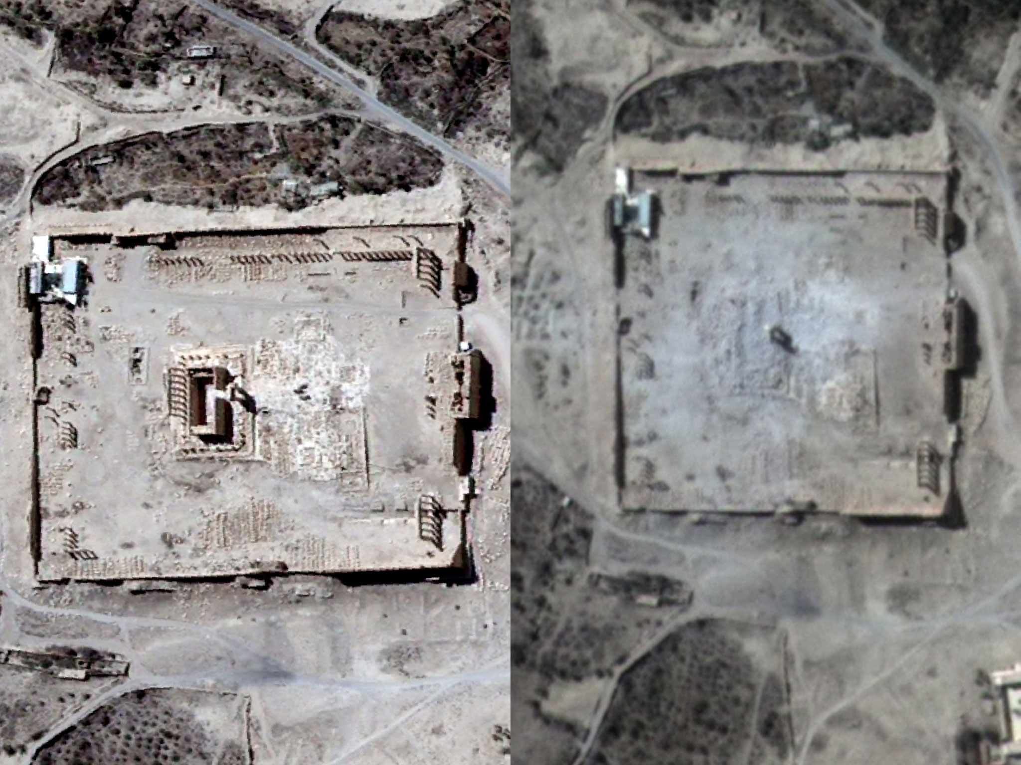 Close-ups of satellite-acquired images. Top image is the Temple of Bel seen in Syria's ancient city of Palmyra on August 27, 2015 and bottom image is rubble seen at the temple's location on August 31, 2015