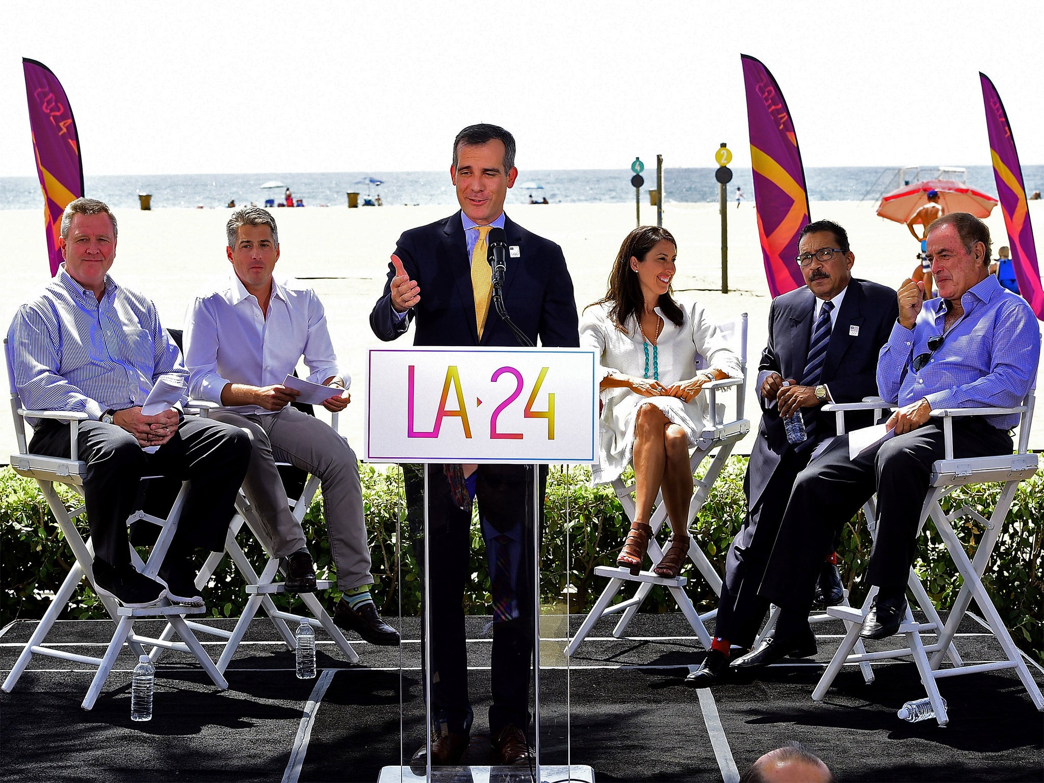 Los Angeles Mayor Eric Garcetti officially launching the Los Angeles 2024 Olympic bid in Santa Monica, California