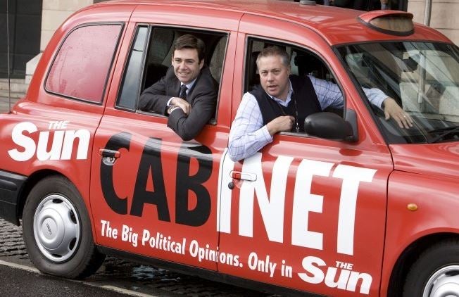 Andy Burnham gives an interview with Sun cabbie Grant Davis during the 2010 Labour leadership election