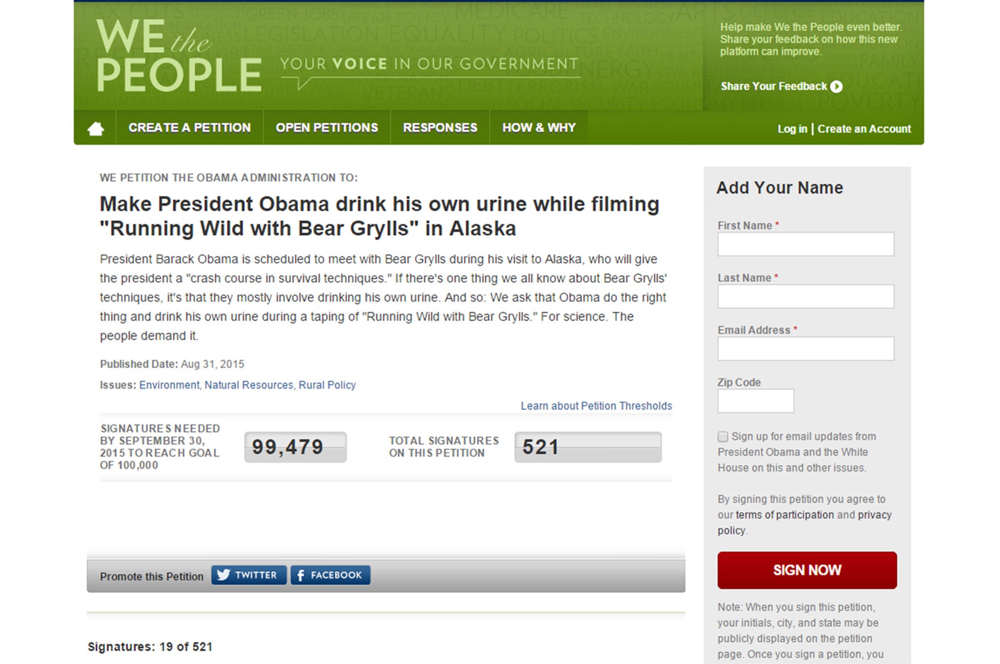 A petition asking President Obama to drink his own urine on Running Wild with Bear Grylls