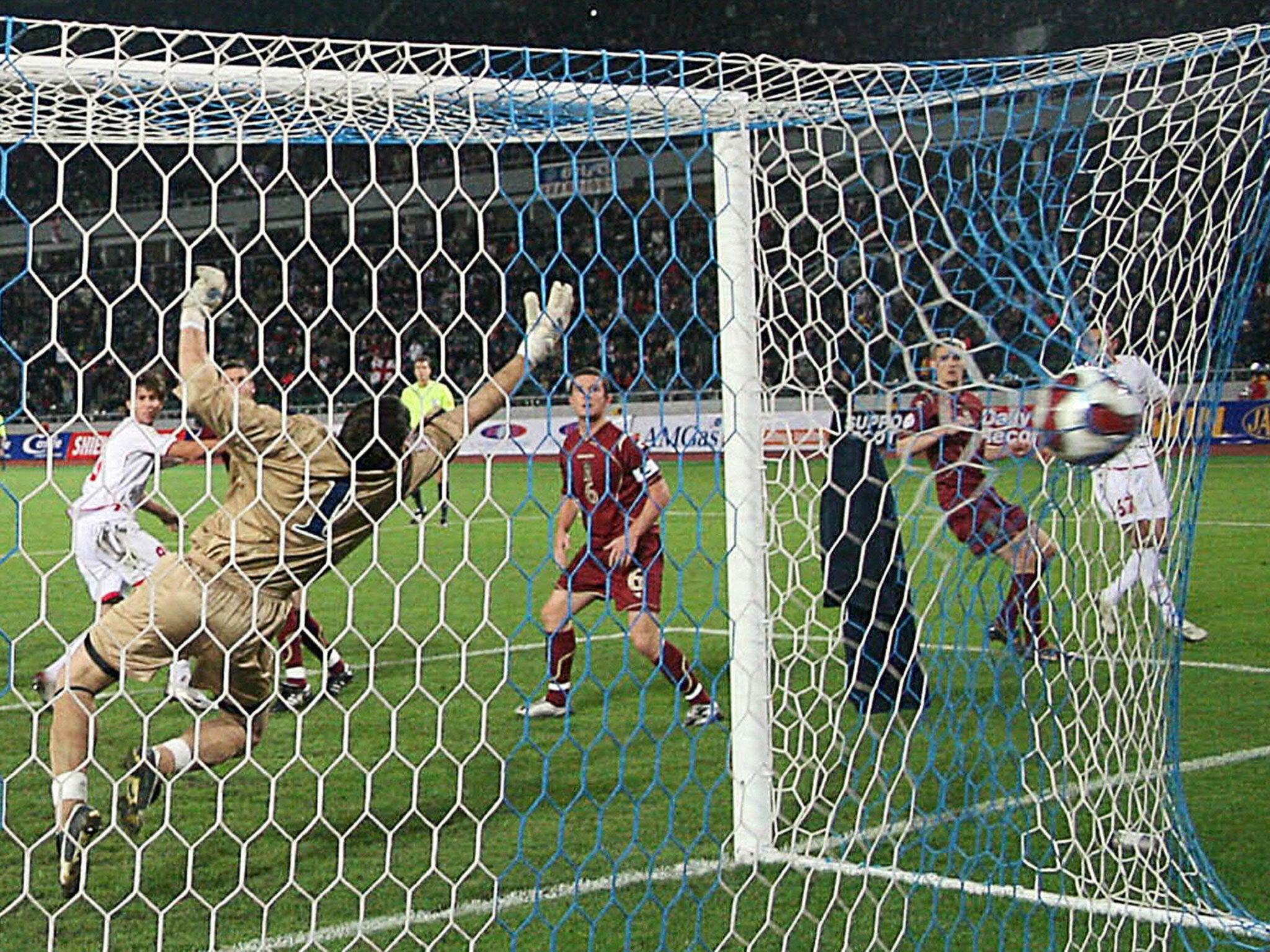 Craig Gordon dives despairingly as Scotland concede on their ill-fated night in Tbilisi in 2007