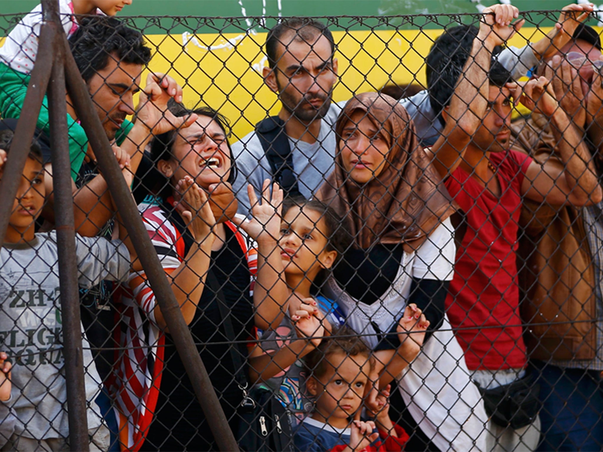 Refugees protest in front of a train at Bicske railway station.