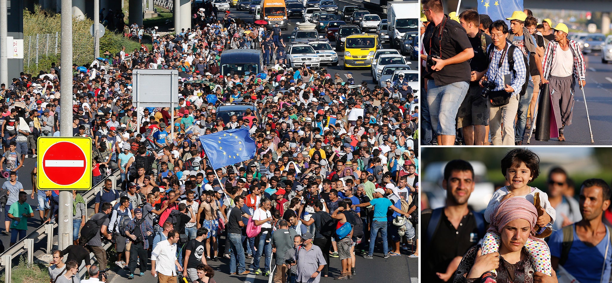 Migrants begin walking towards the Austrian border on September 4, 2015 in Bicske, near Budapest, Hungary. Several thousand migrants began walking today towards Austria after all international trains to Western Europe remained cancelled.