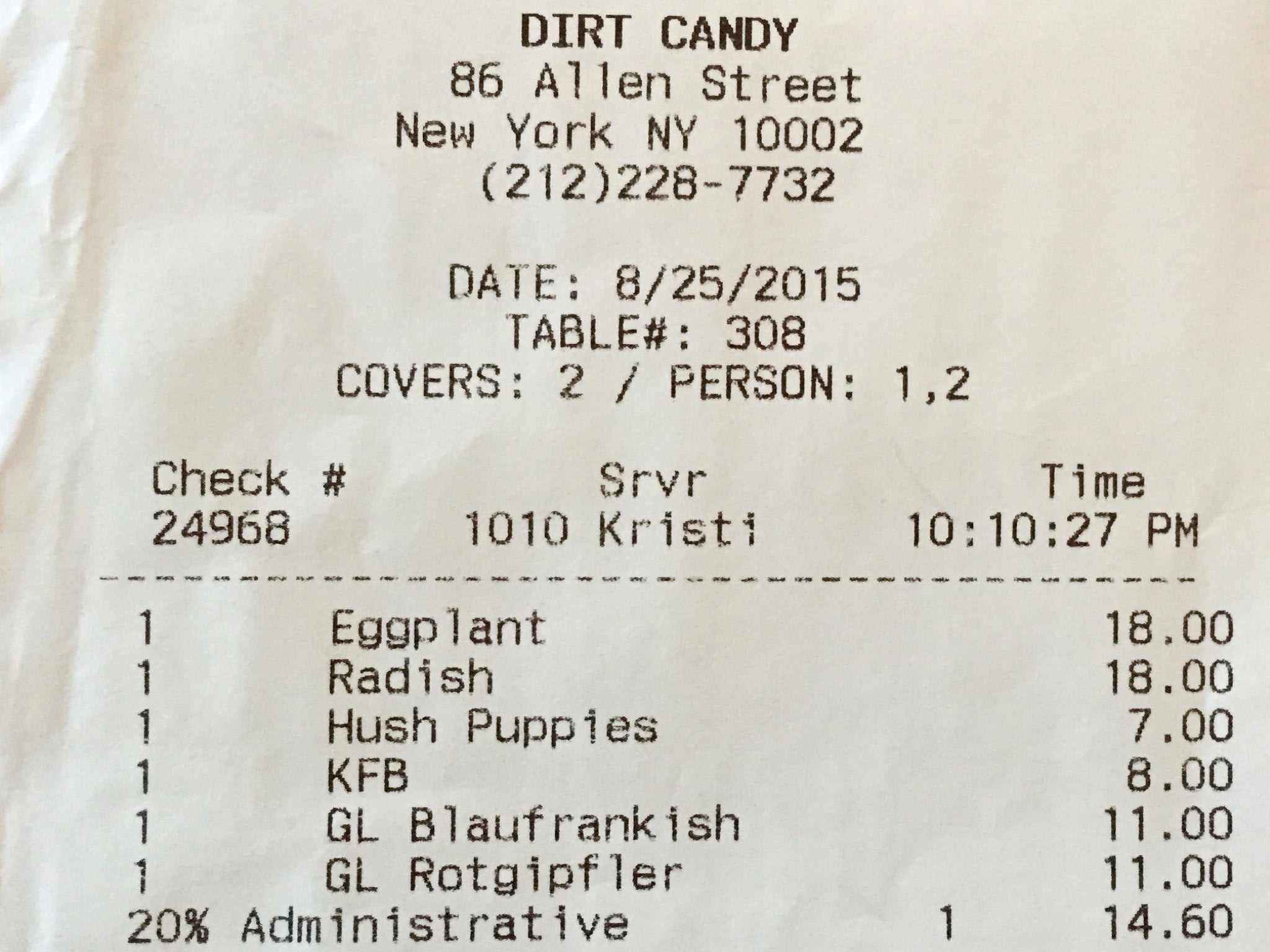 At Dirt Candy, a 20 per cent fee is added to the bill