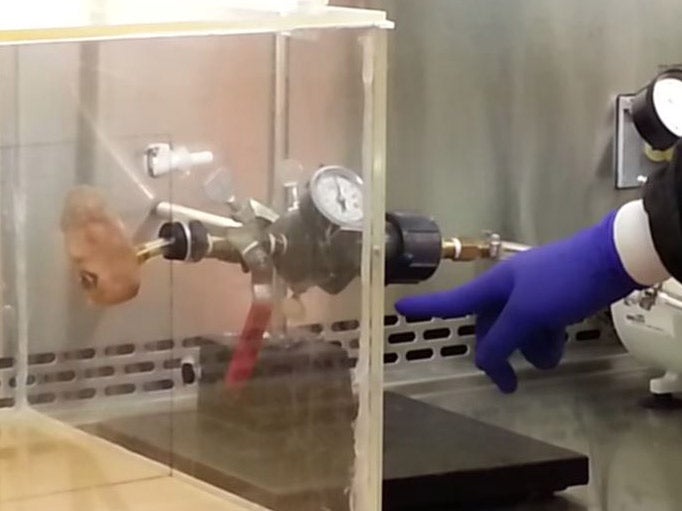 The machine uses a hand pump and pressurised 'stomach' and is completed with a rather distressed-looking face