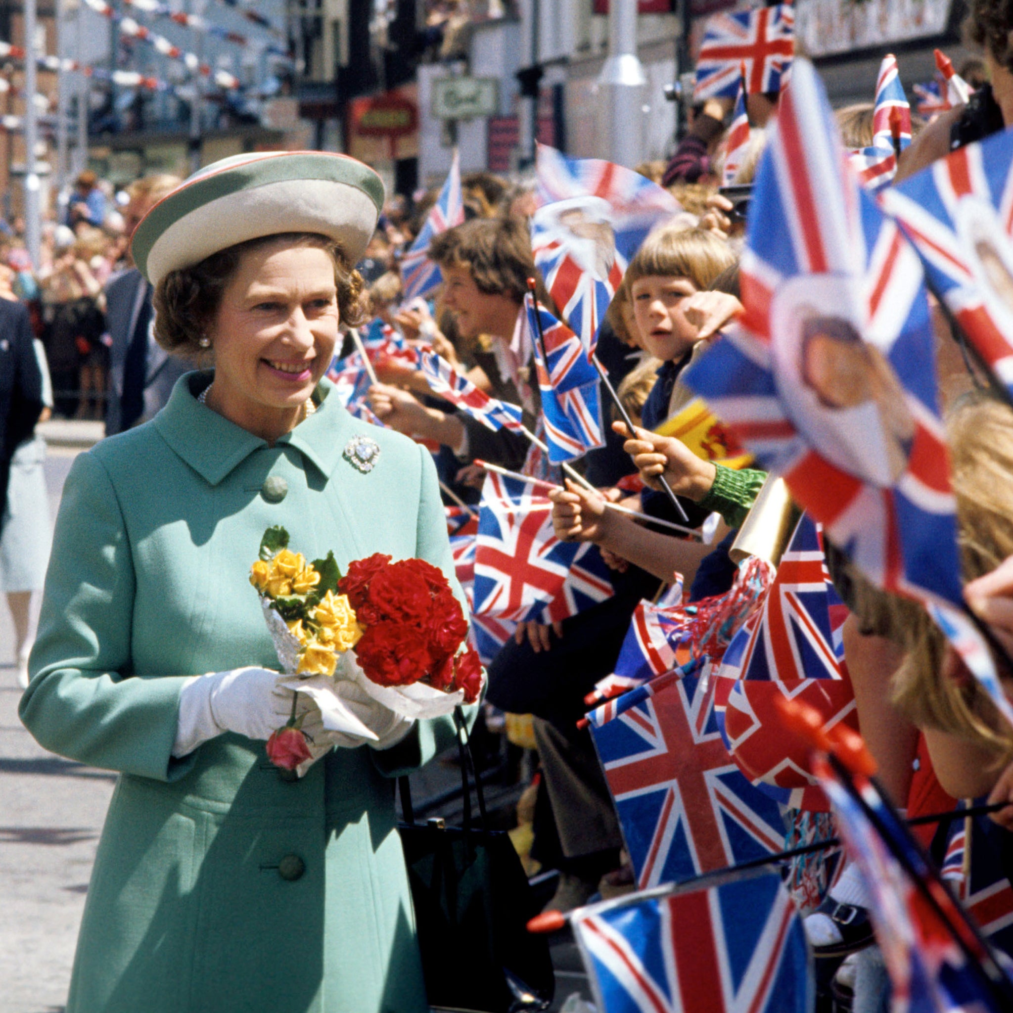 Queen Elizabeth II on a walk-about in Portsmouth during her Silver Jubilee tour of Great Britain, 1977