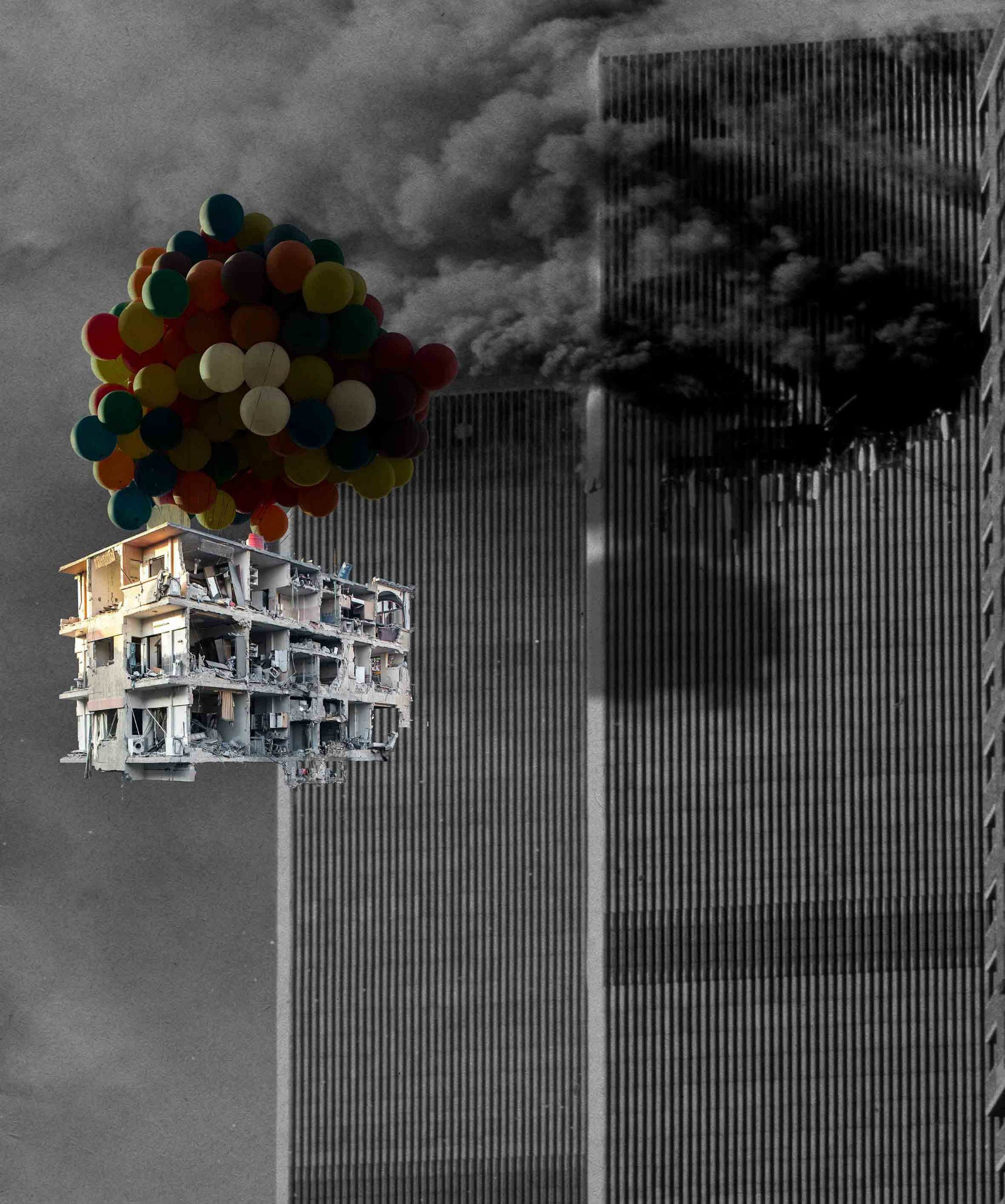 An image of a bombed Syrian building against a burning 9/11 tower is one of the works Azzam has donated to exhibition ART4PEACE