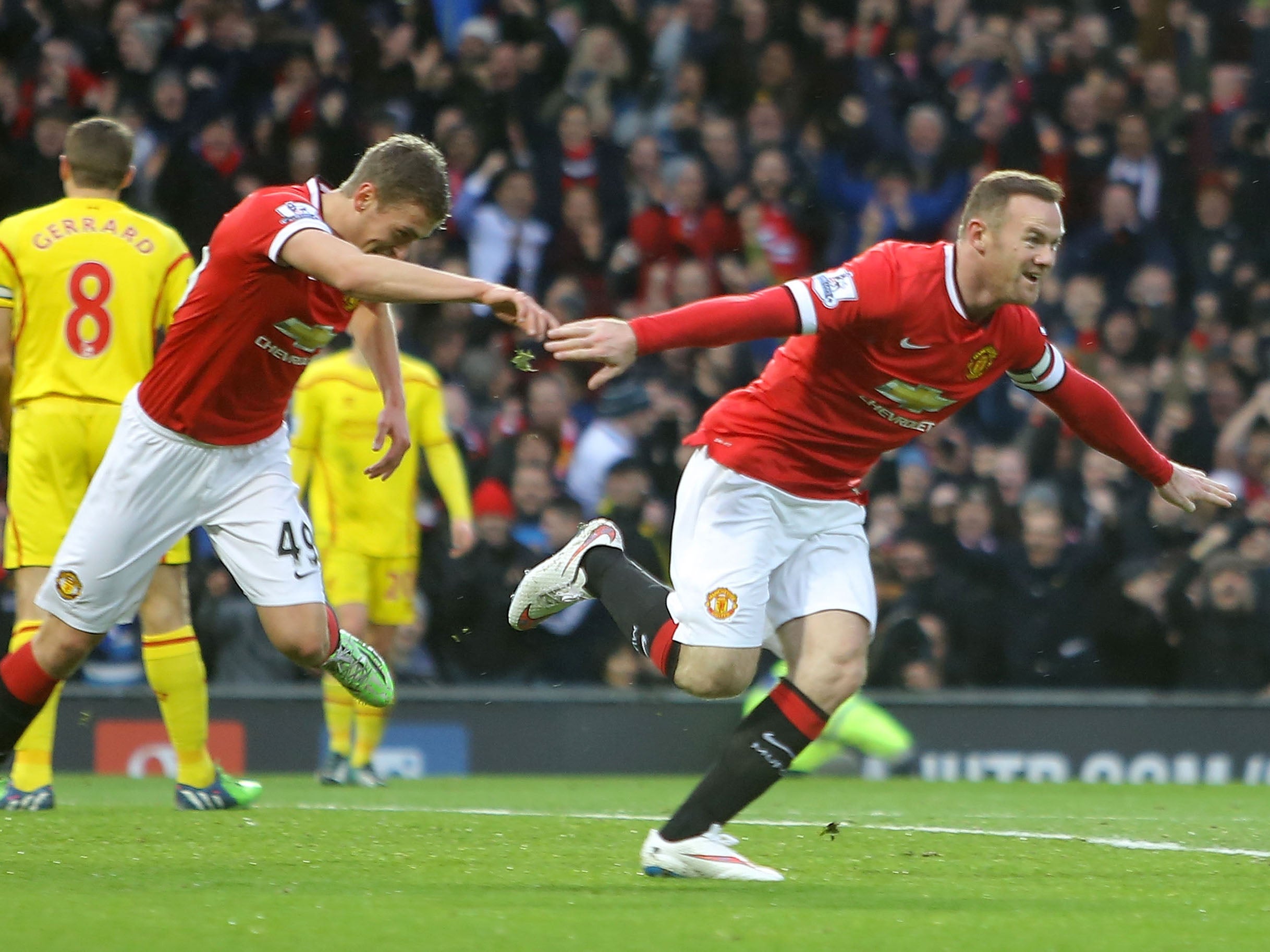 Wayne Rooney celebrating his goal against Liverpool in last season's Old Trafford fixture