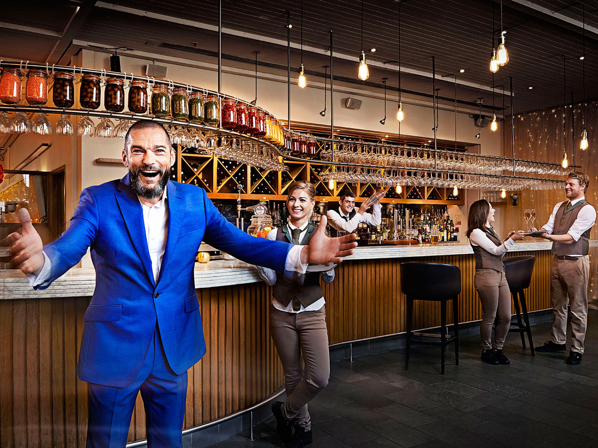 Maître d' Fred and the staff at the First Dates restaurant