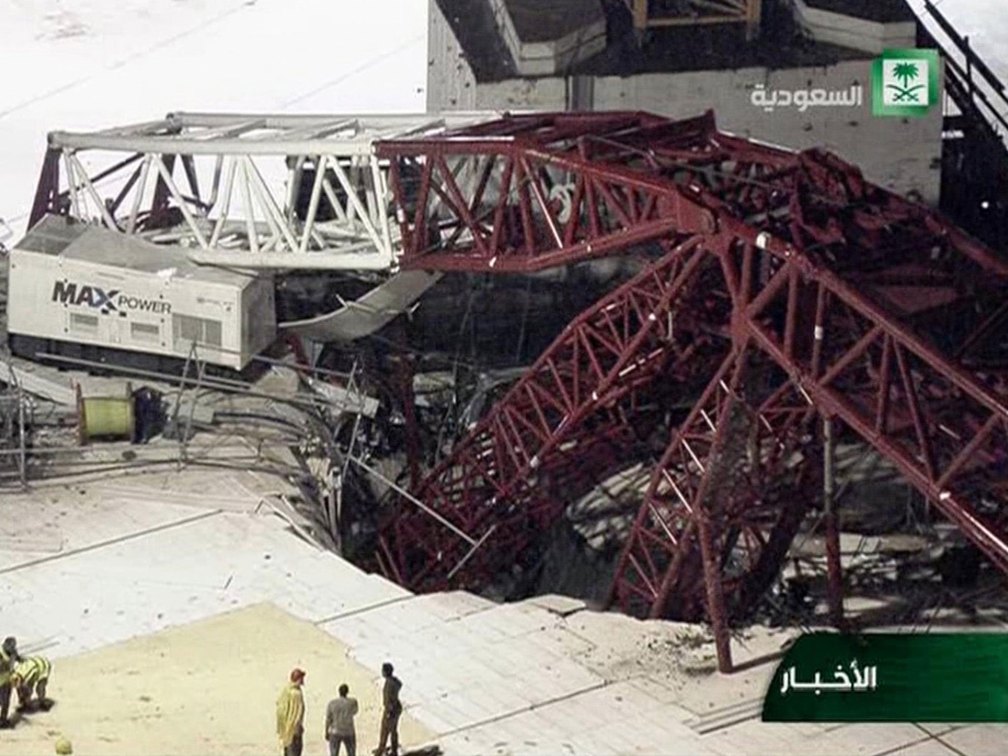 In this still image taken from video released by Saudi TV, a crane is seen collapsed over the Grand Mosque in Mecca. The accident happened as pilgrims from around the world converged on the city for the annual Hajj pilgrimage