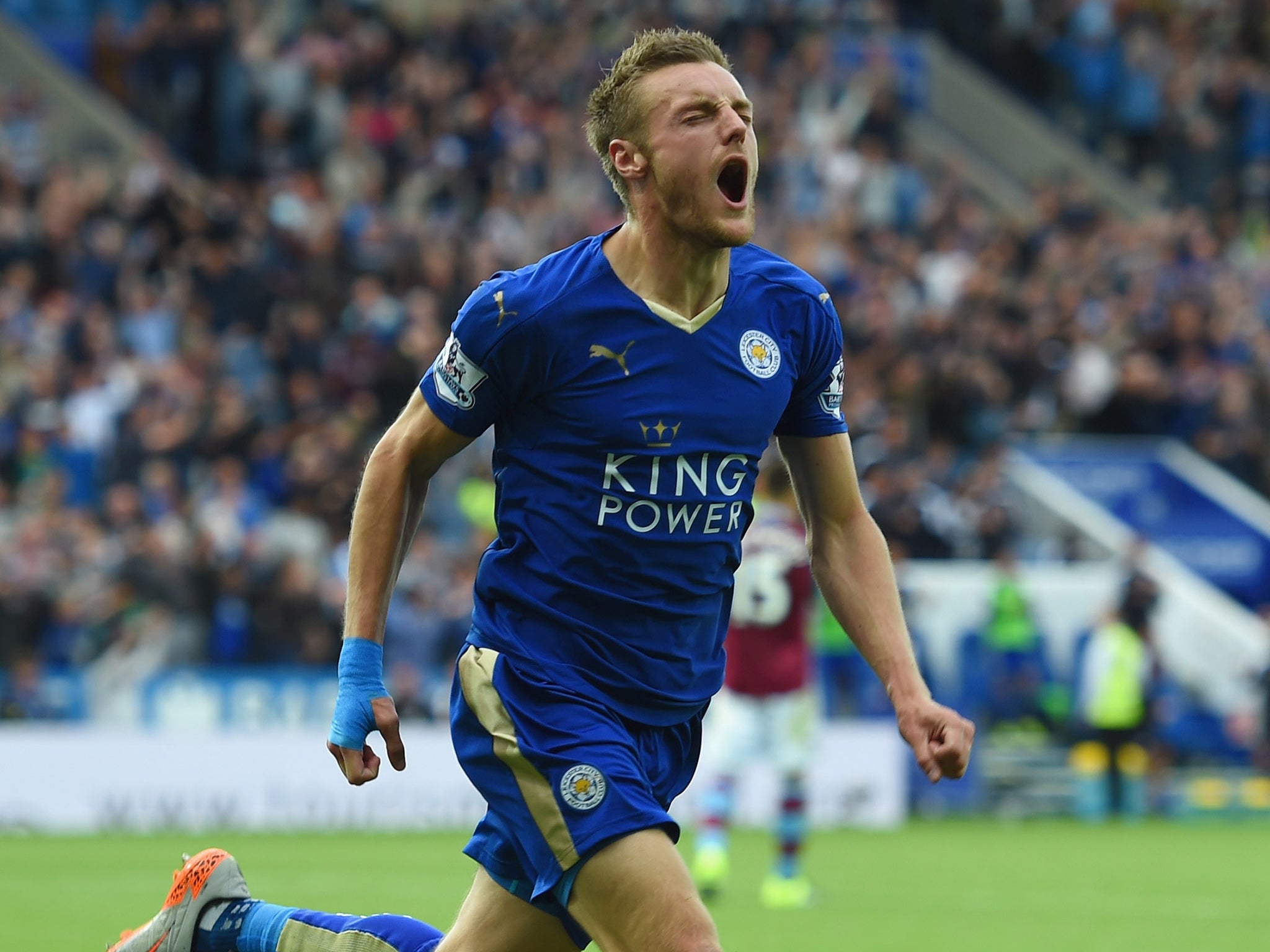 Jamie Vardy celebrates his goal for Leicester