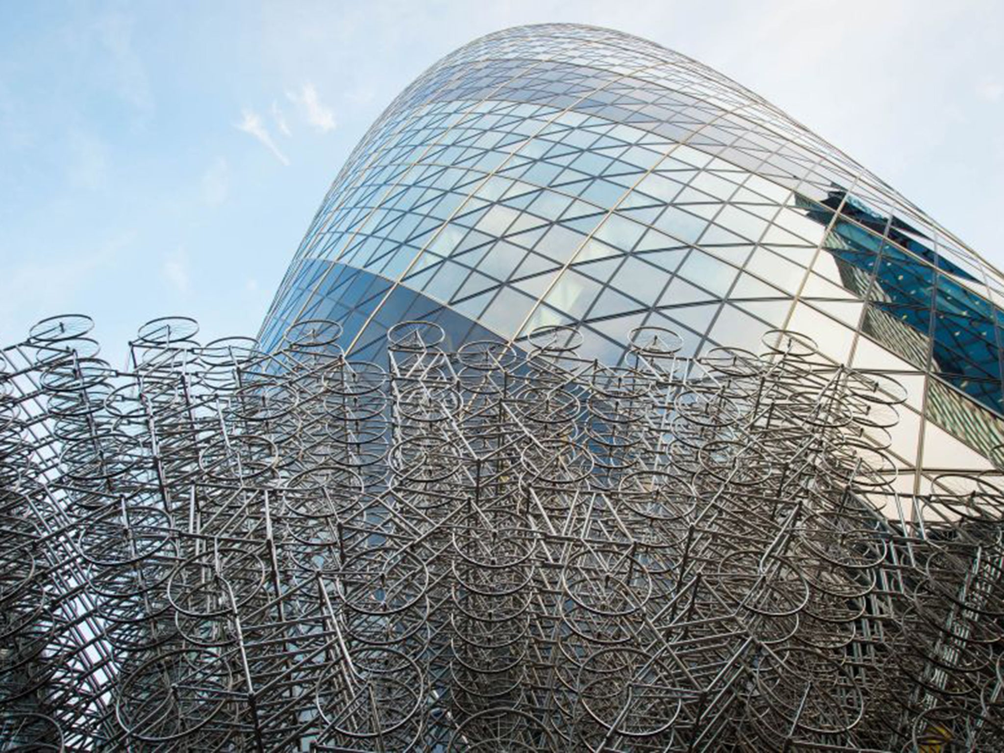 Ai Weiwei's ‘Forever’ installed outside the 'Gherkin' in the City of London, as part of the Sculpture in the City 2015 series of public artworks