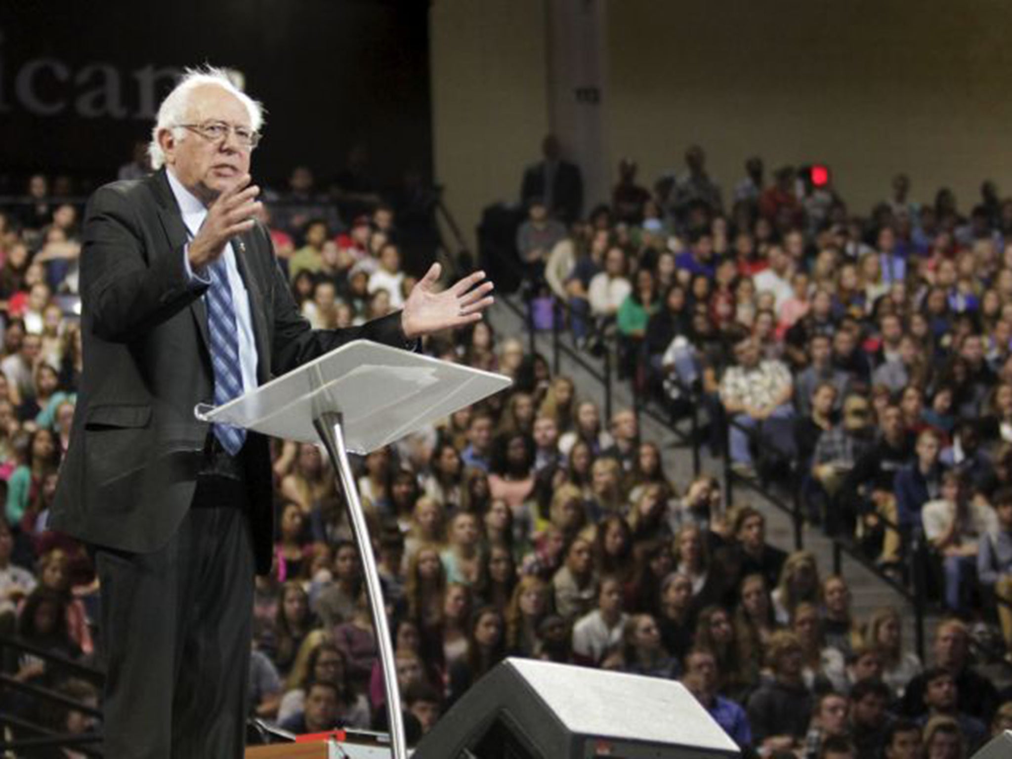 Bernie Sanders addressing students at Liberty University