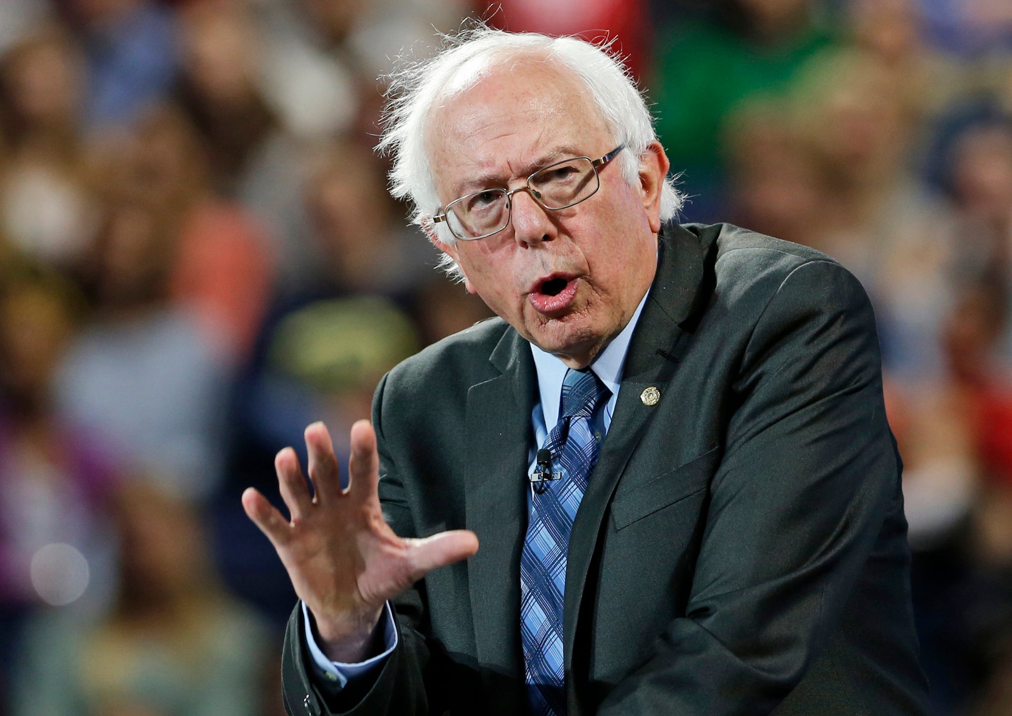 Bernie Sanders speaks at Liberty University in Lynchburg, Virgina.