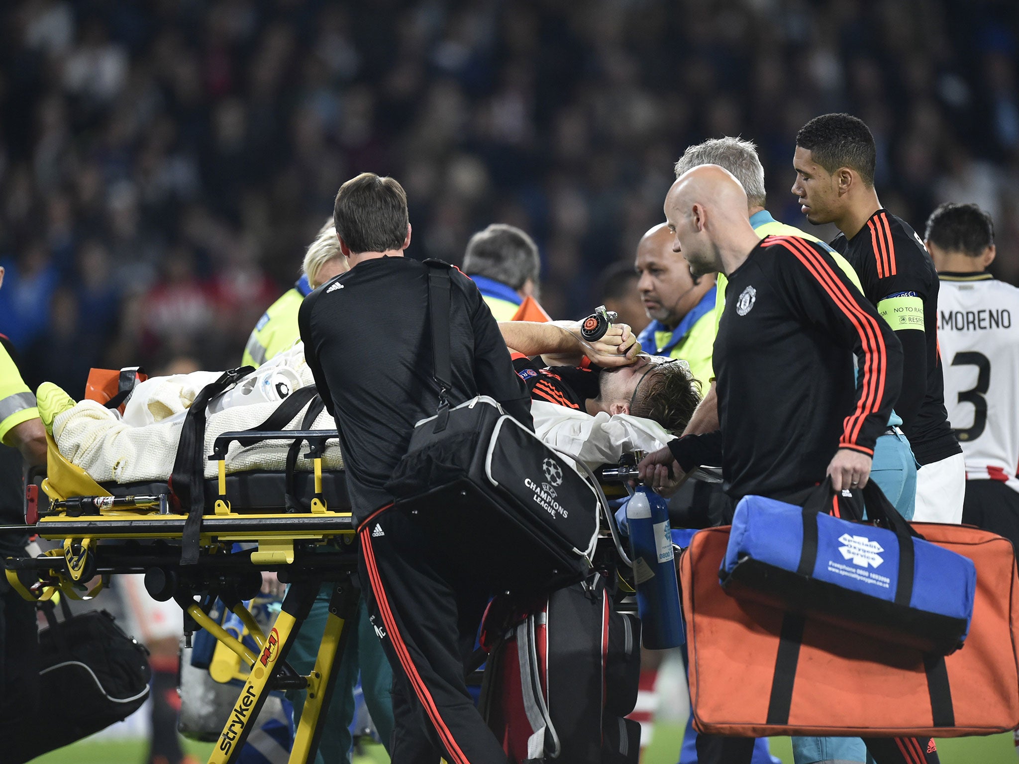 Luke Shaw is carried off the pitch after breaking his leg