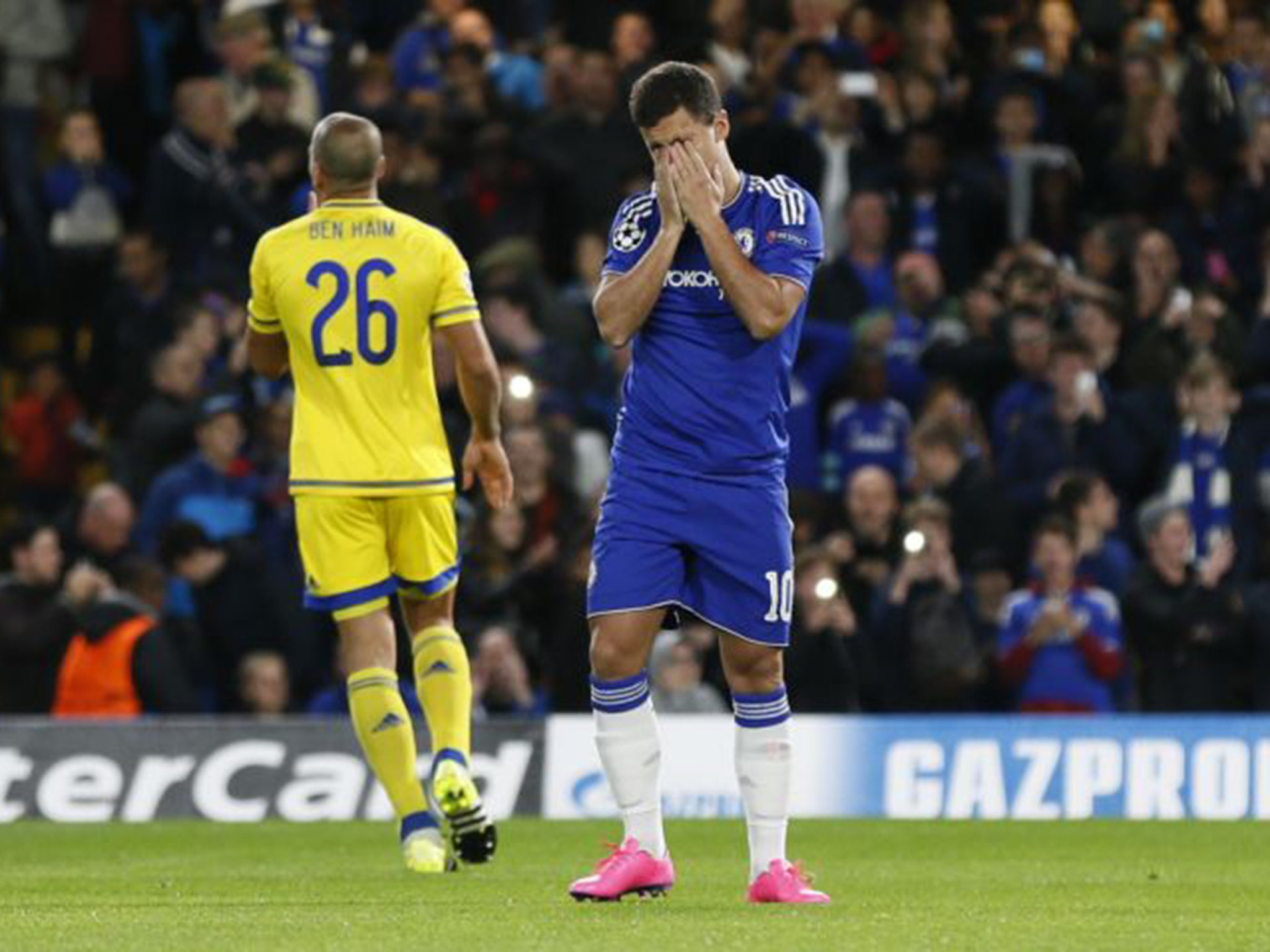 Hazard reacts after a missed penalty