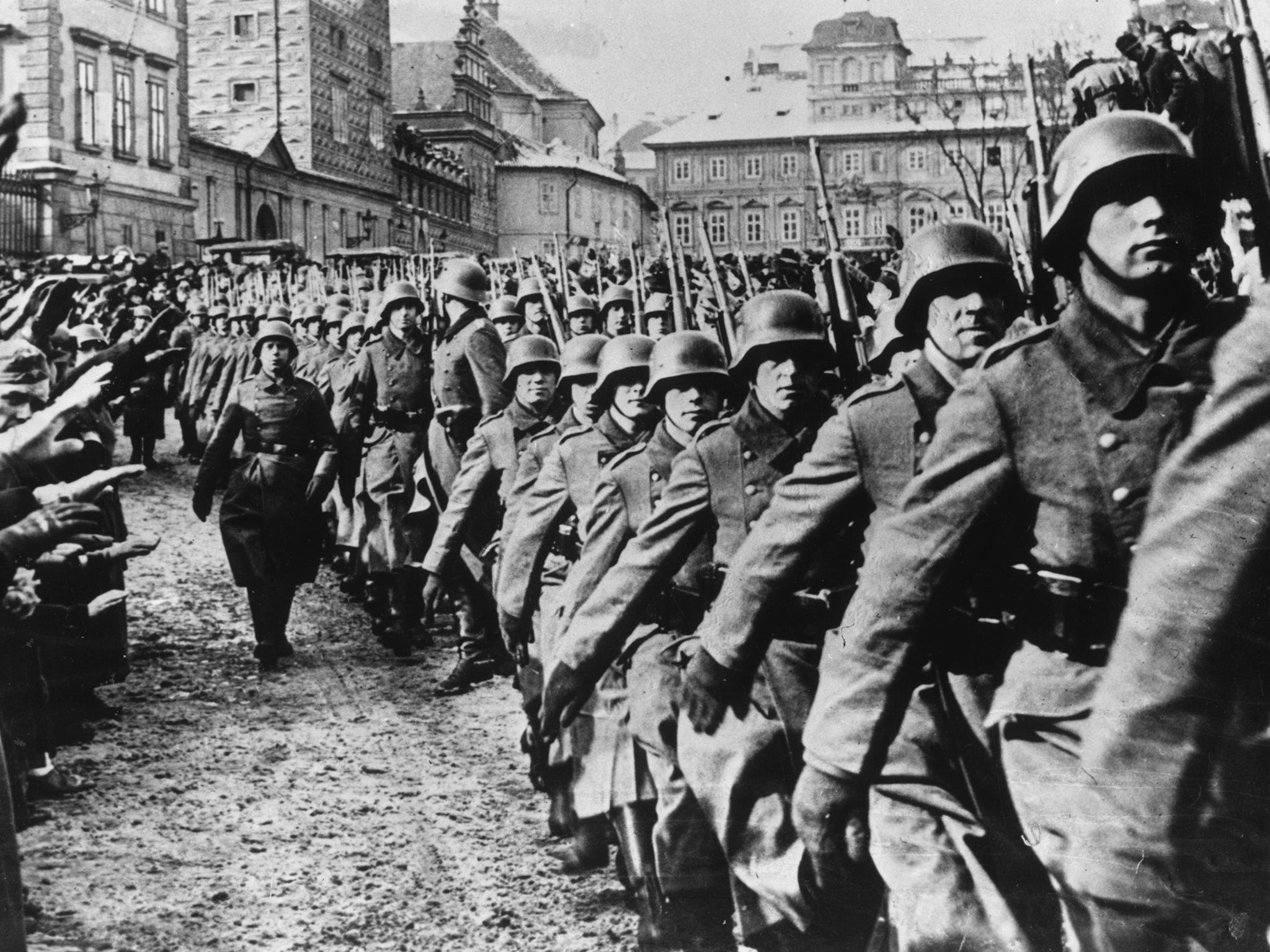 German troops marching into Prague during the invasion of Czechoslovakia in 1939. Hitler began drawing up plans to invade Britain in July 1940