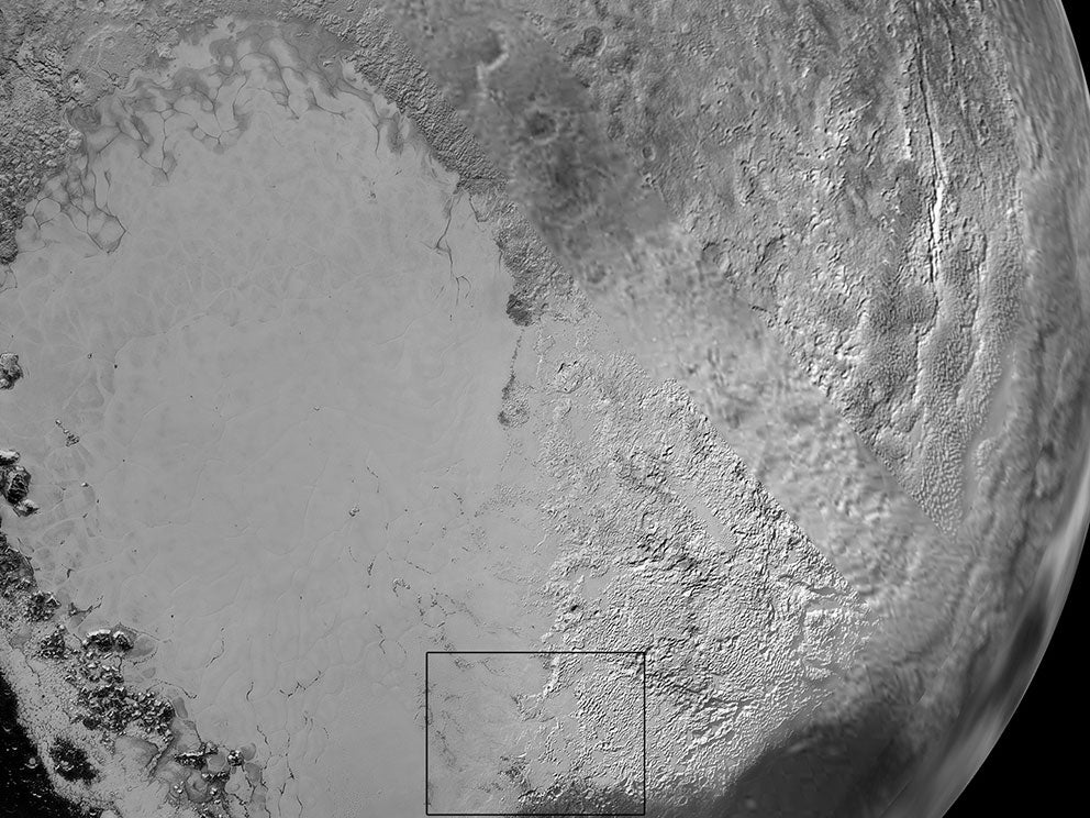 Sputnik Planum is the informal name of the smooth, light-bulb shaped region on the left of this composite of several New Horizons images of Pluto.