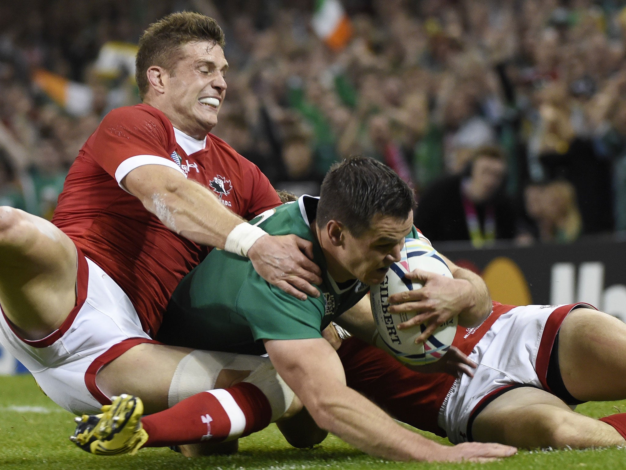 Jonathan Sexton crashes over for Ireland's third try against Canada