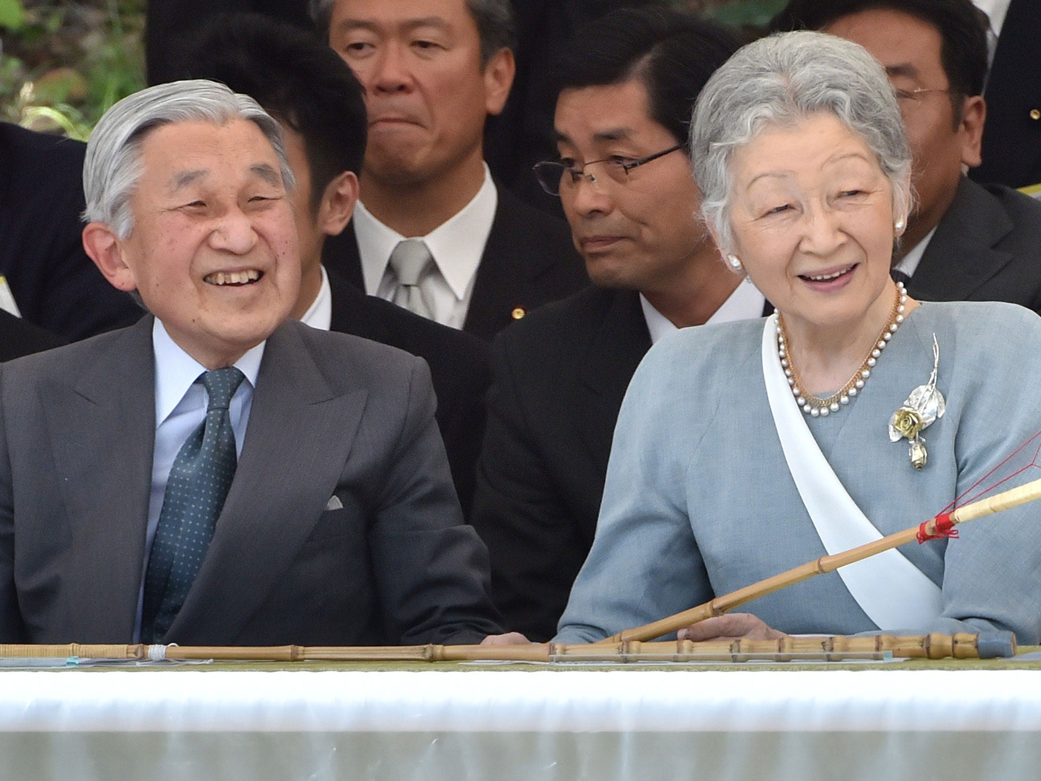 Emperor Akihito and Empress Michiko at a traditional horsemanship viewing in May