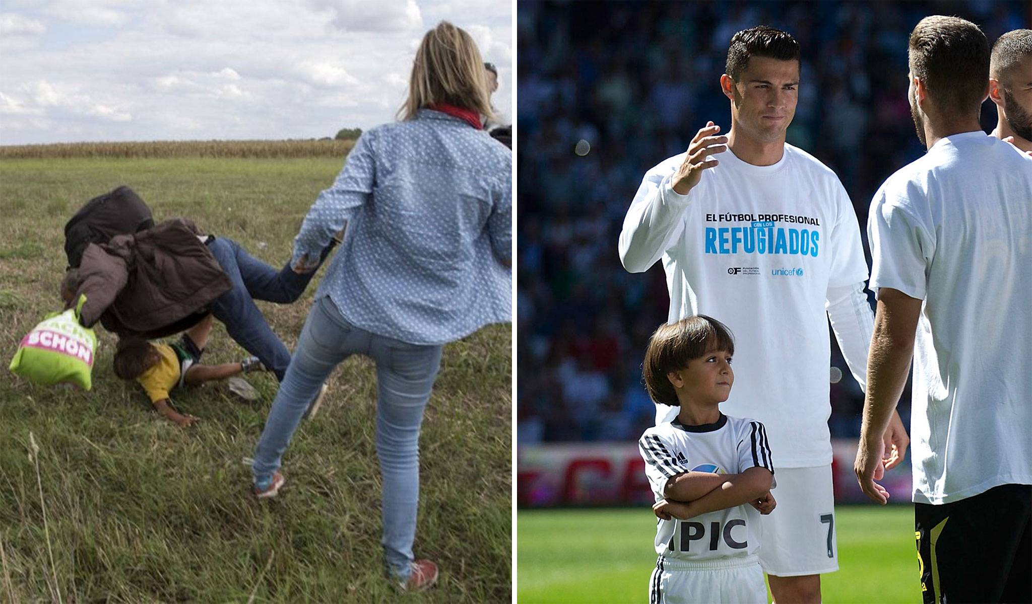 Cristiano Ronaldo with Zied Alabed Al-Mohsen, the son of the Syrian refugee tripped by a Hungarian journalist