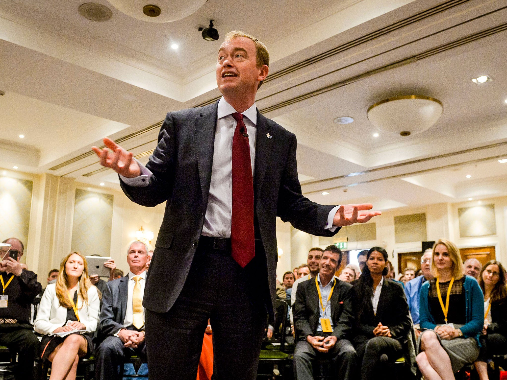 Tim Farron launching the party’s campaign for the UK to remain in the EU