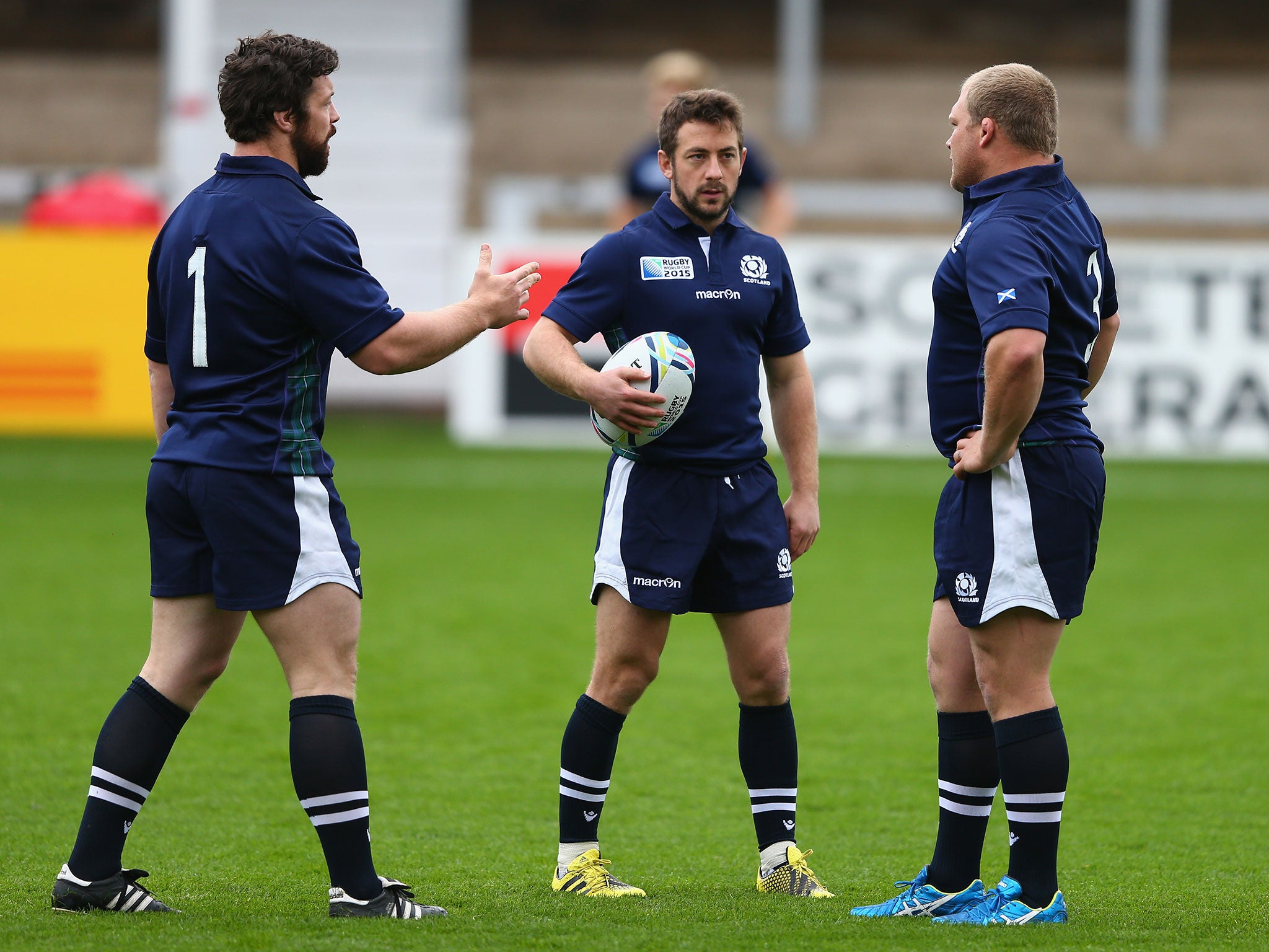 Alasdair Dickinson (L), Greig Laidlaw (C) and WP Nel (R) of Scotland ahead of the Japan versus Scotland Pool B match at Kingsholm Stadium