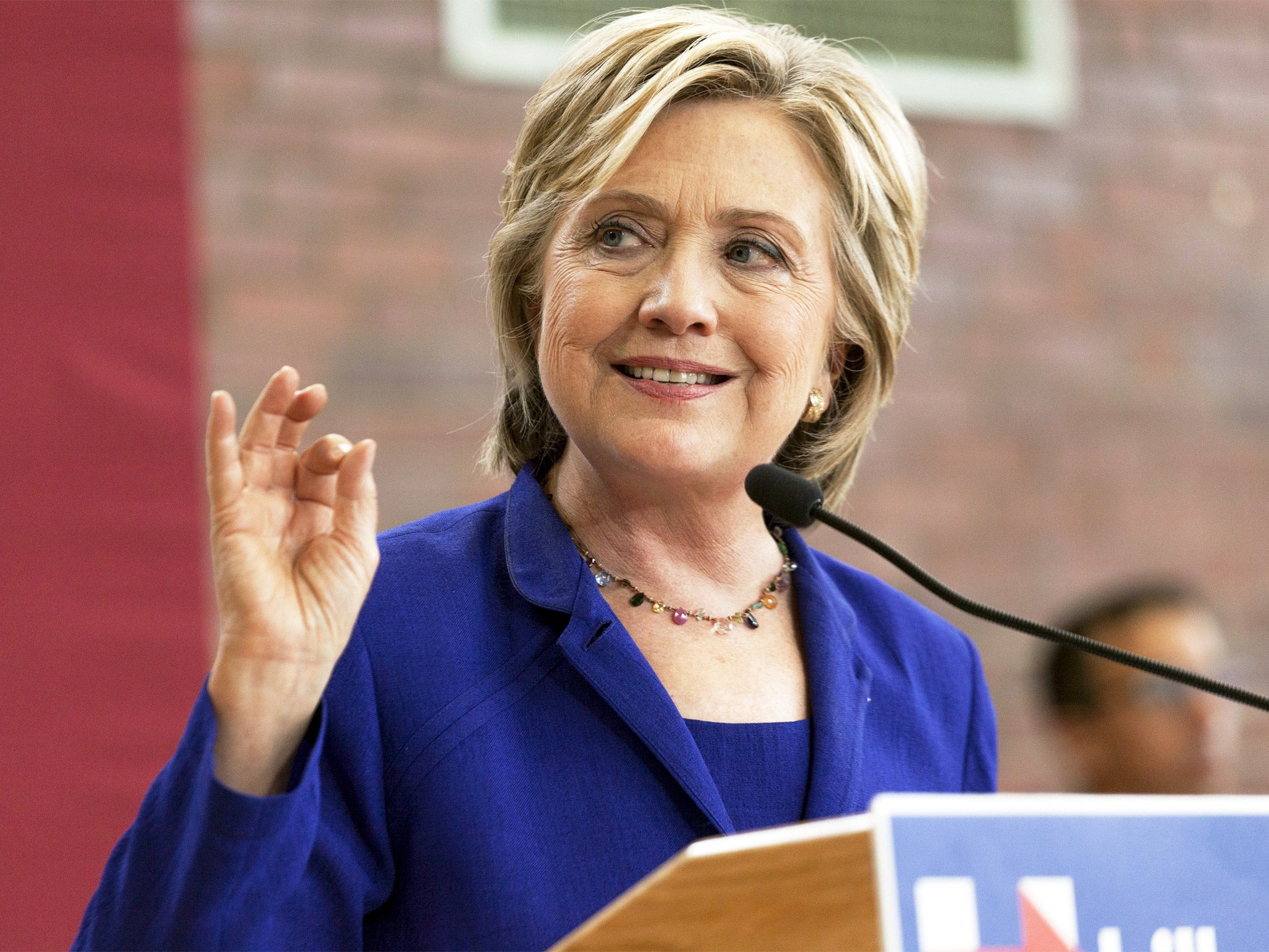 Hillary Clinton speaking at a school in Des Moines, Iowa, on Tuesday