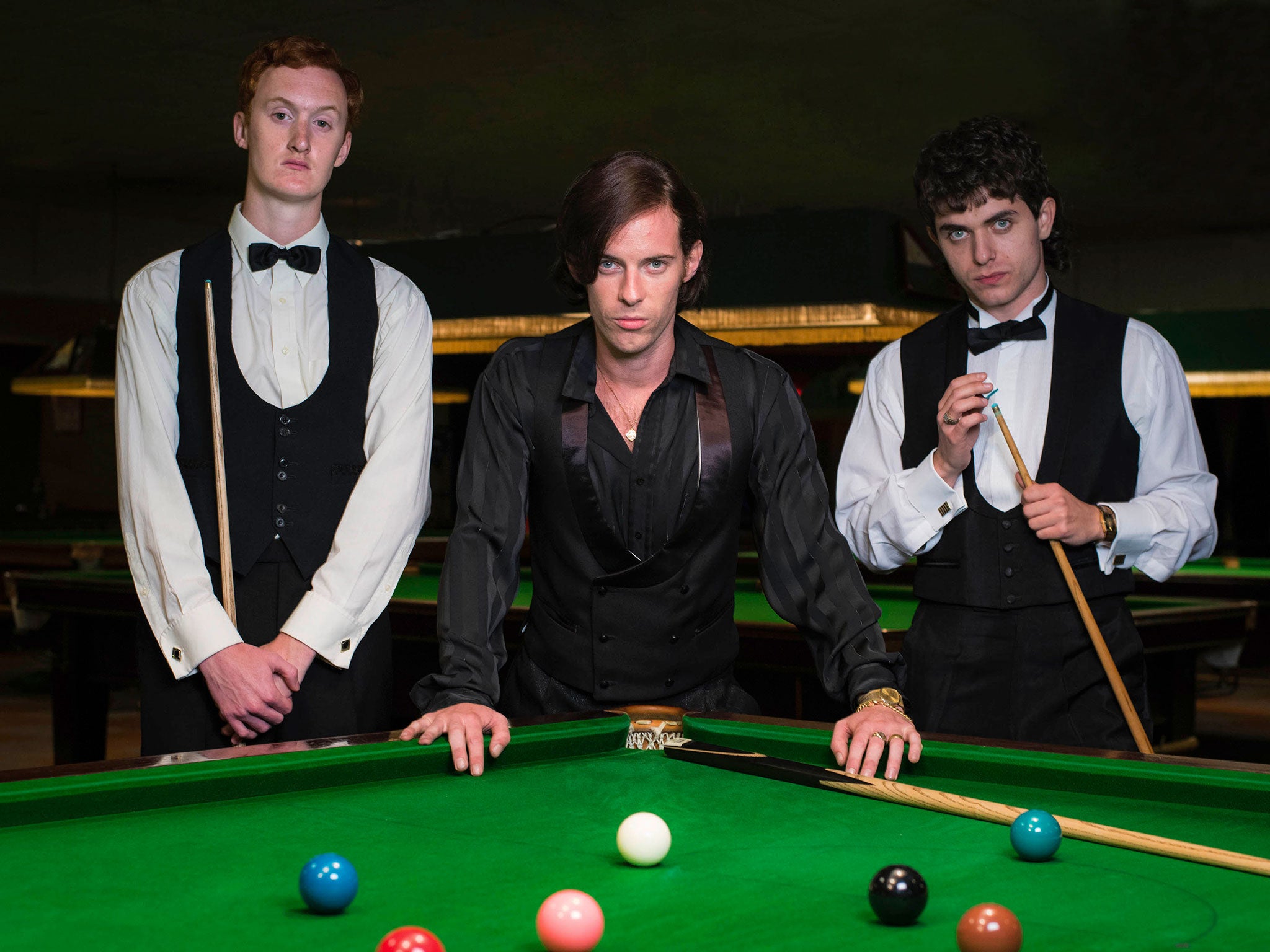 Will Merrick as Steve Davis, left, and Luke Treadaway as Alex Higgins, middle, in ‘The Rack Pack’