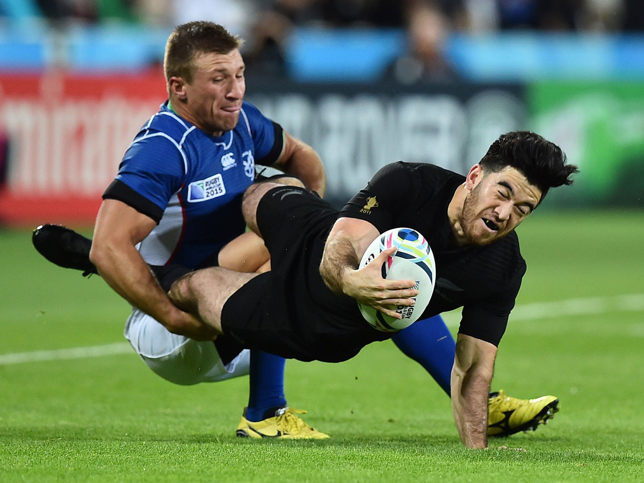 All Blacks winger Nehe Milner-Skudder, who scored two tries, is tackled by Johan Tromp