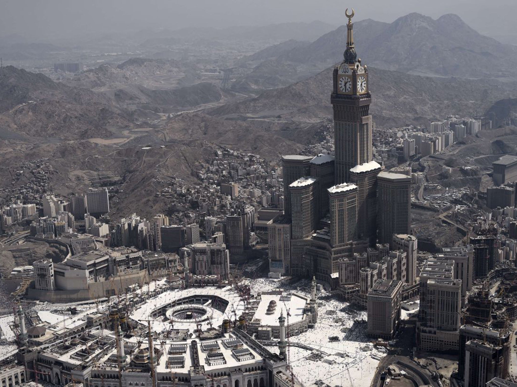 An aerial view of the Clock Tower and Grand Mosque at Mecca, the focal point of the Hajj pilgrimage, which has been subject to major development in recent years