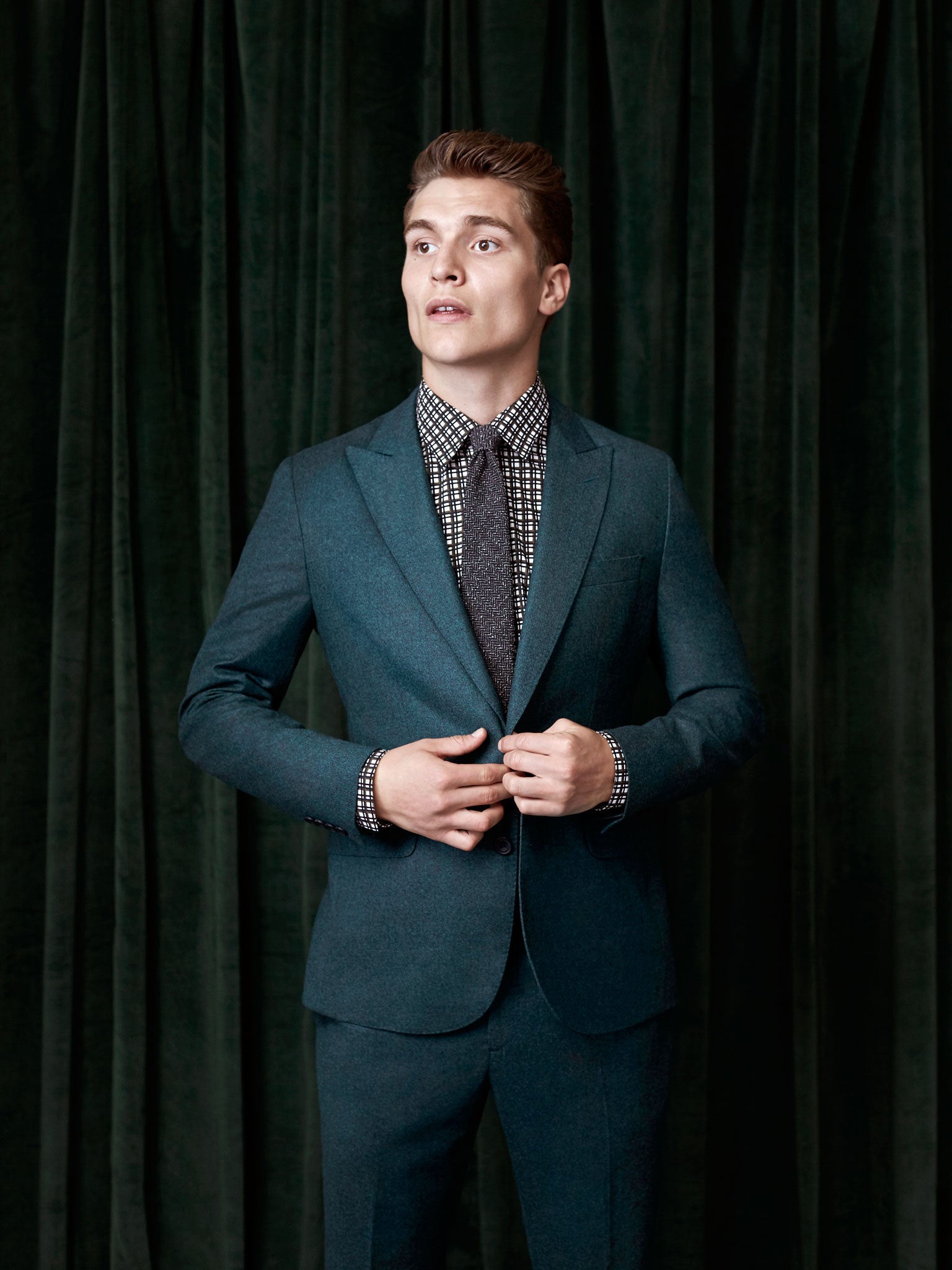 Brushed wool suit, £650, and herringbone tie, £149 both by Hardy Amies, hardyamies. com; shirt, £310, by Marni, marni.com