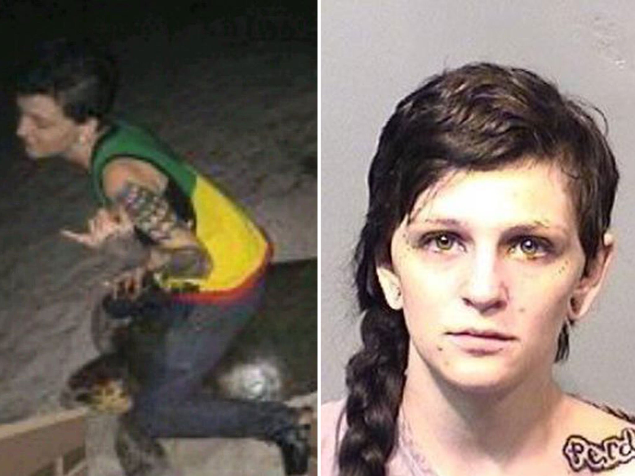 A Snapchat image of a woman sitting on a sea turtle and Stephanie Marie Moore, who has been arrested for the act