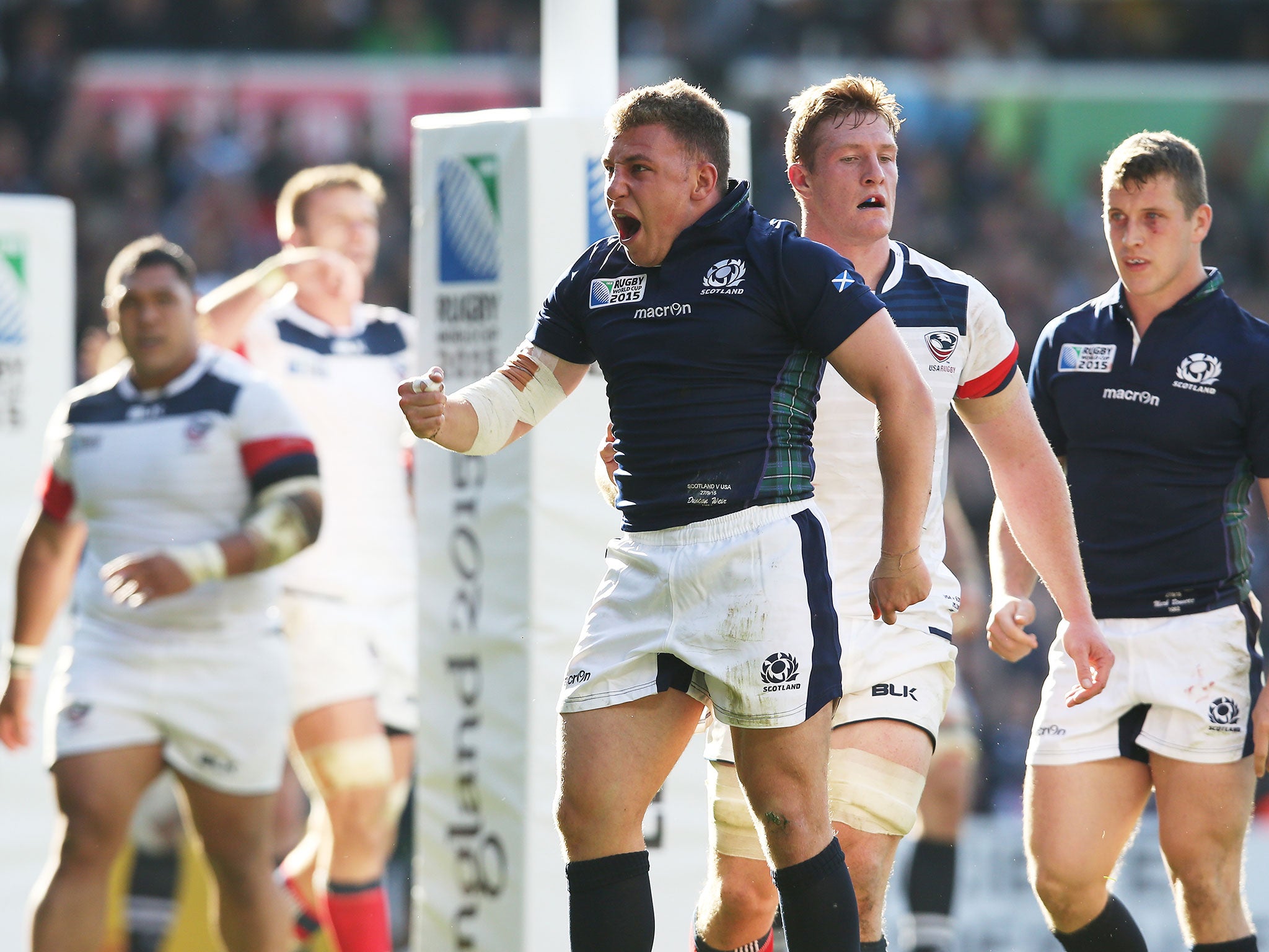 Duncan Weir of Scotland celebrates his teams fifth try during the 2015 Rugby World Cup Pool B match between Scotland and USA at Elland Road