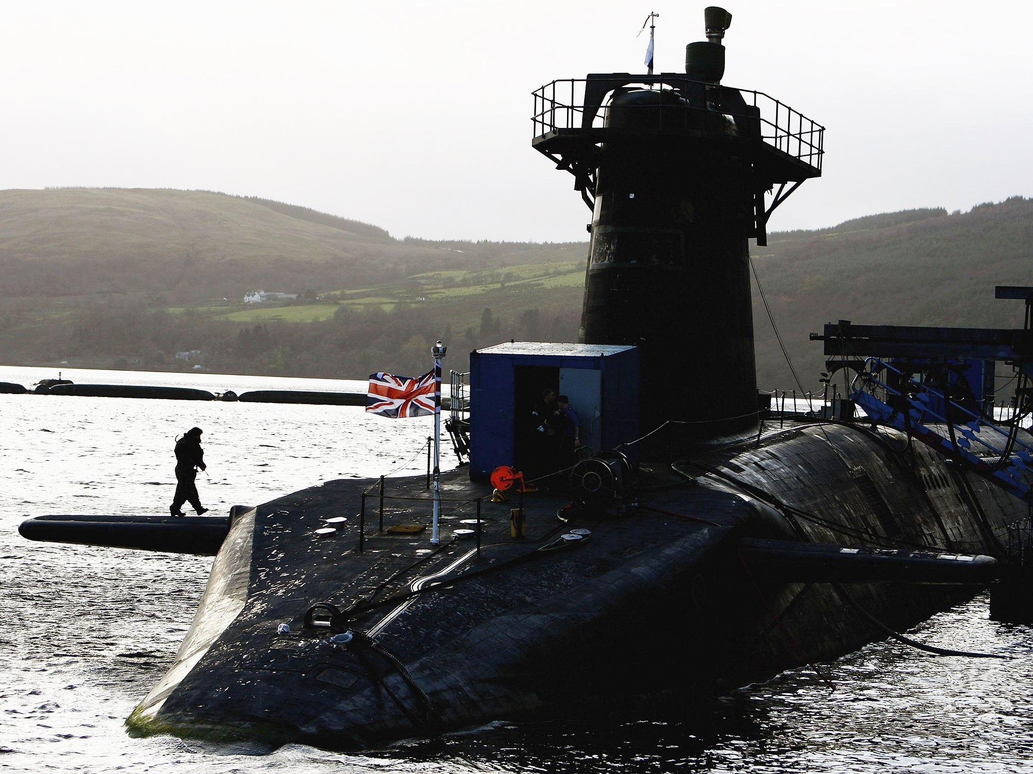 HMS Vanguard is one of the Trident nuclear submarines docked at the Faslane base on the river Clyde in Helensburgh, Scotland